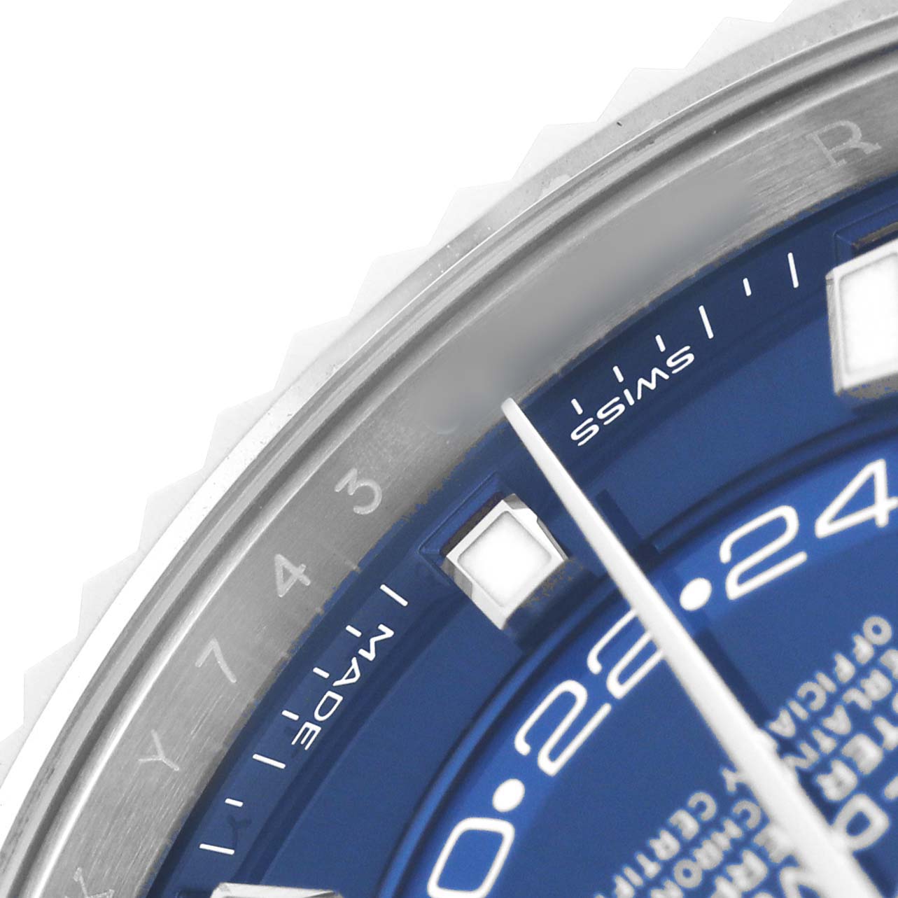 The image shows a close-up of the blue dial, bezel, and markers of a Rolex Sky-Dweller 326934 Men's Stainless Steel Blue Dial watch.