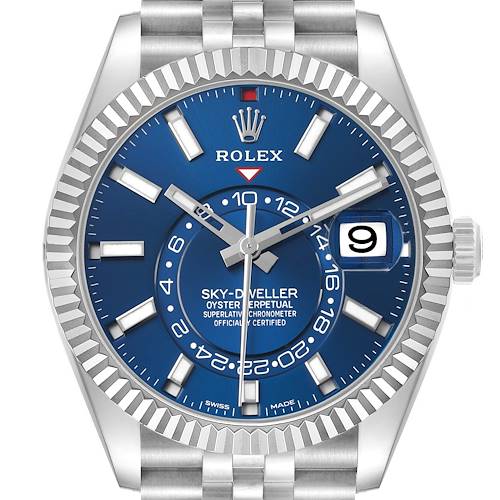 The Rolex Sky-Dweller 326934 Mens Stainless Steel Blue Dial watch is shown from a front view, highlighting the dial, bezel, and part of the bracelet.