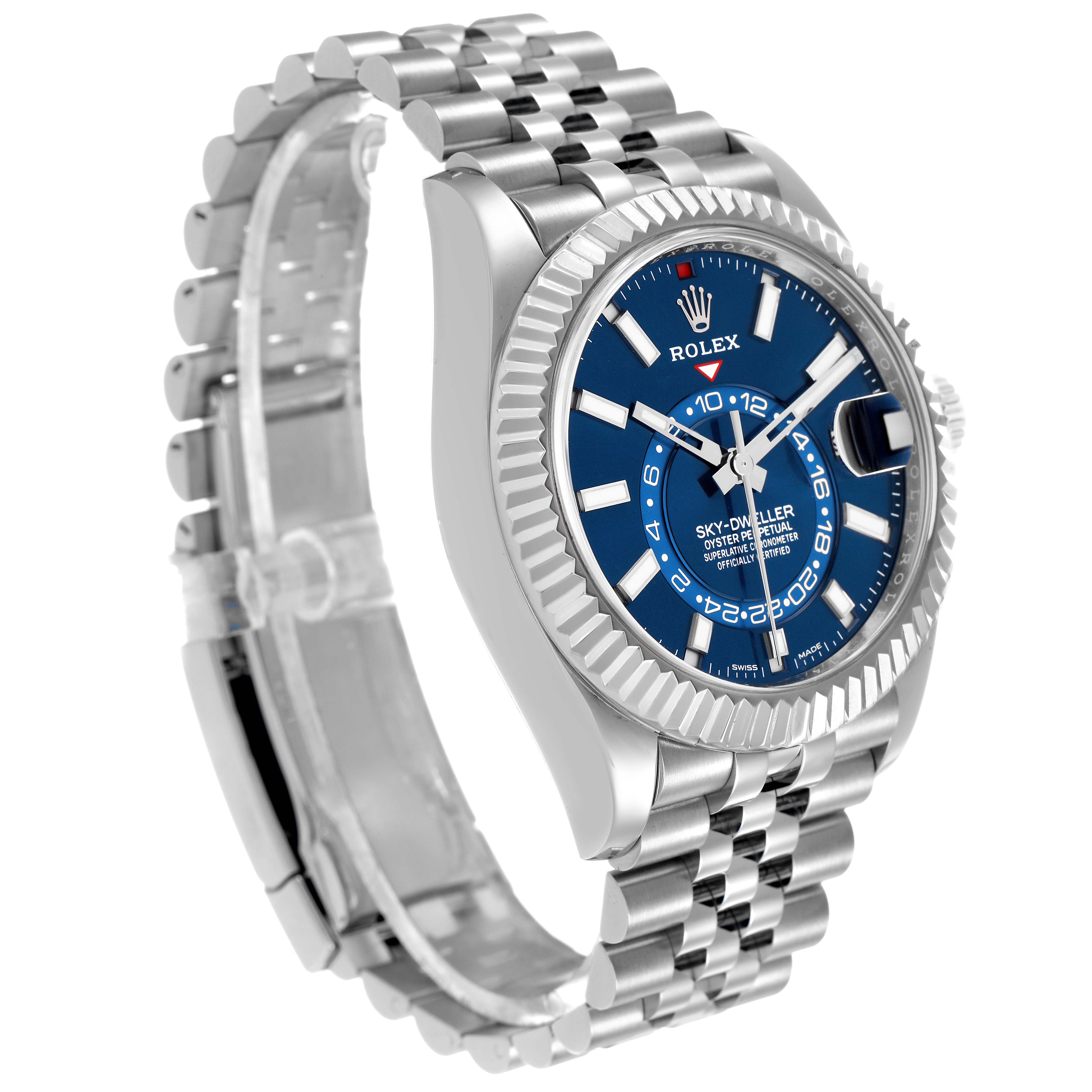 The Rolex Sky-Dweller 326934 Men's Stainless Steel Blue Dial watch is shown at a three-quarter angle, displaying the face, bezel, and part of the bracelet.