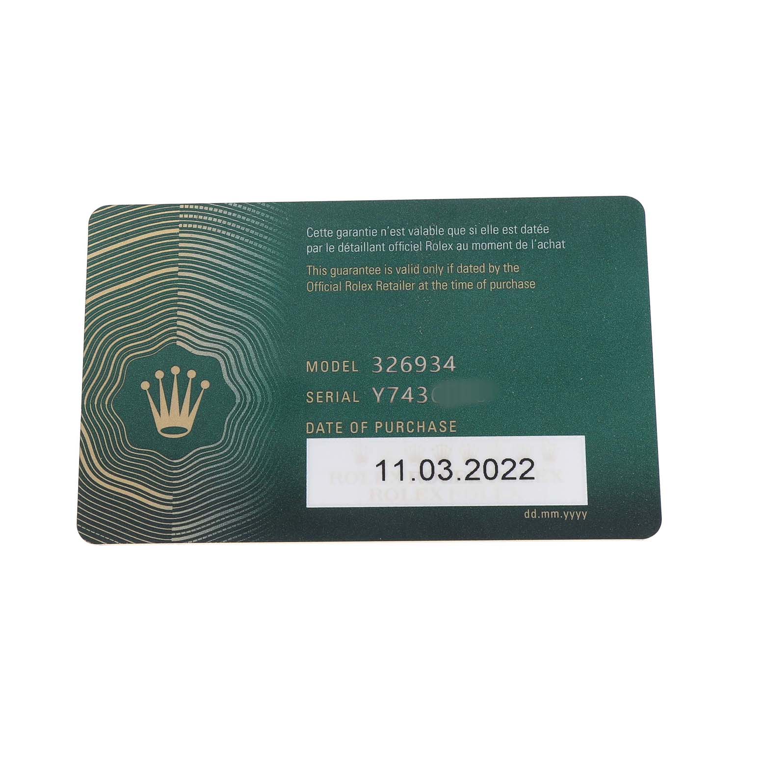 The image shows a warranty card for the Rolex Sky-Dweller 326934 Men's Stainless Steel Blue Dial model, featuring model number, serial number, and date of purchase.