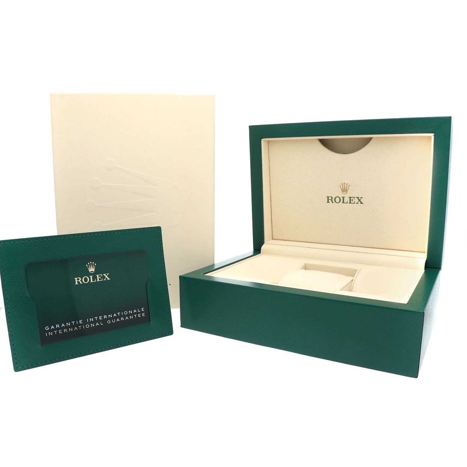 The image shows a Rolex Sky-Dweller 326934 Men's Stainless Steel Blue Dial presentation box, warranty booklet, and card at an angle displaying the open interior.