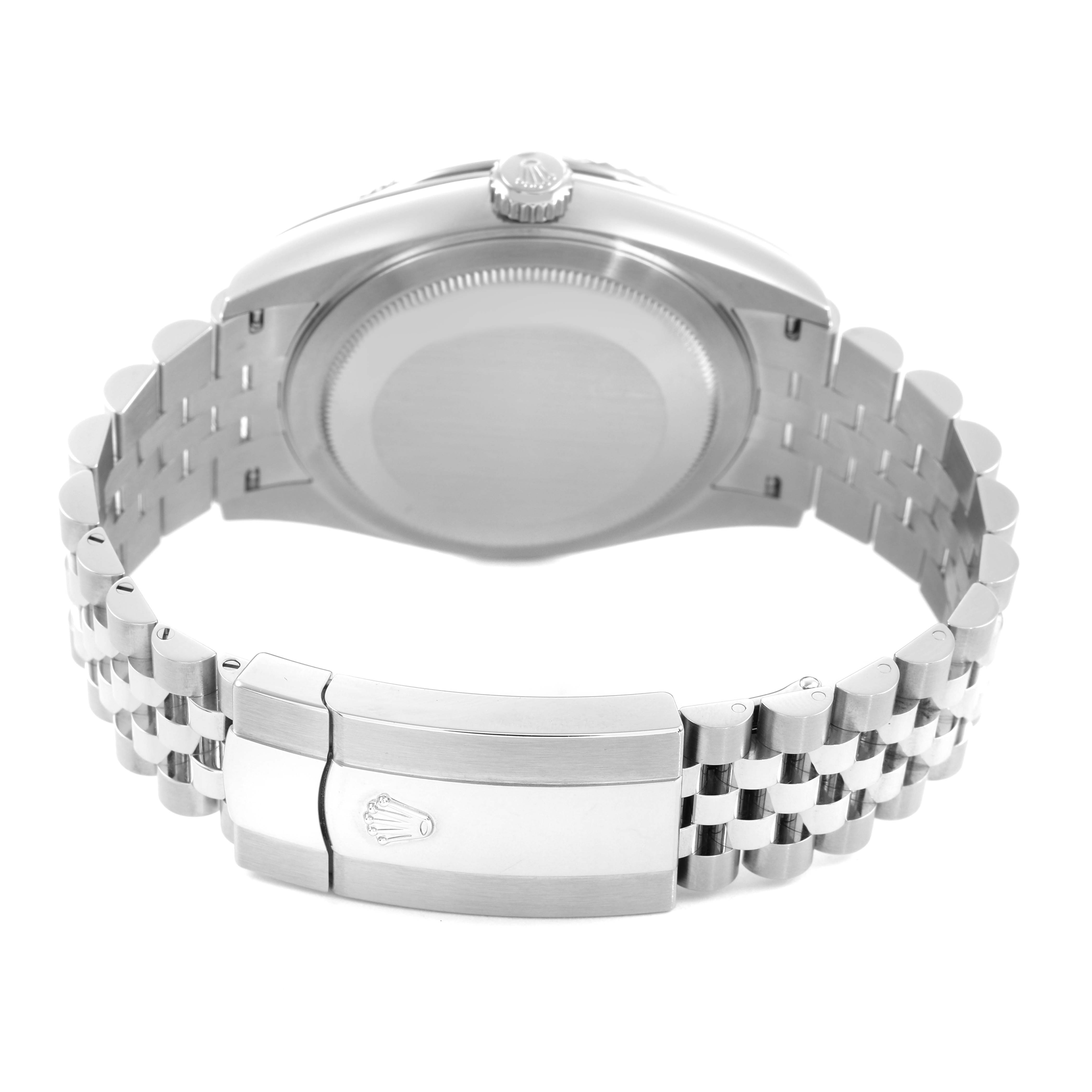 The image shows the Rolex Sky-Dweller 336934 Men's Stainless Steel Green Dial from the back, highlighting the case back and clasp of the bracelet.
