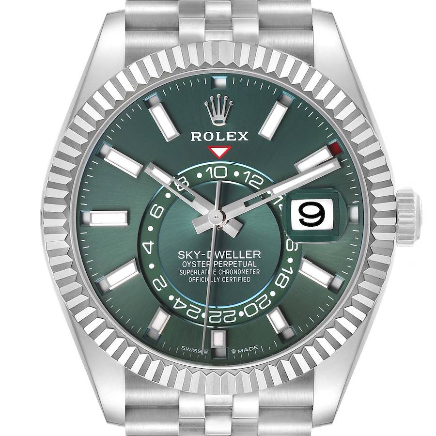 The Rolex Sky-Dweller 336934 Men's Stainless Steel Green Dial watch is shown from the front, highlighting its face, bezel, and crown.