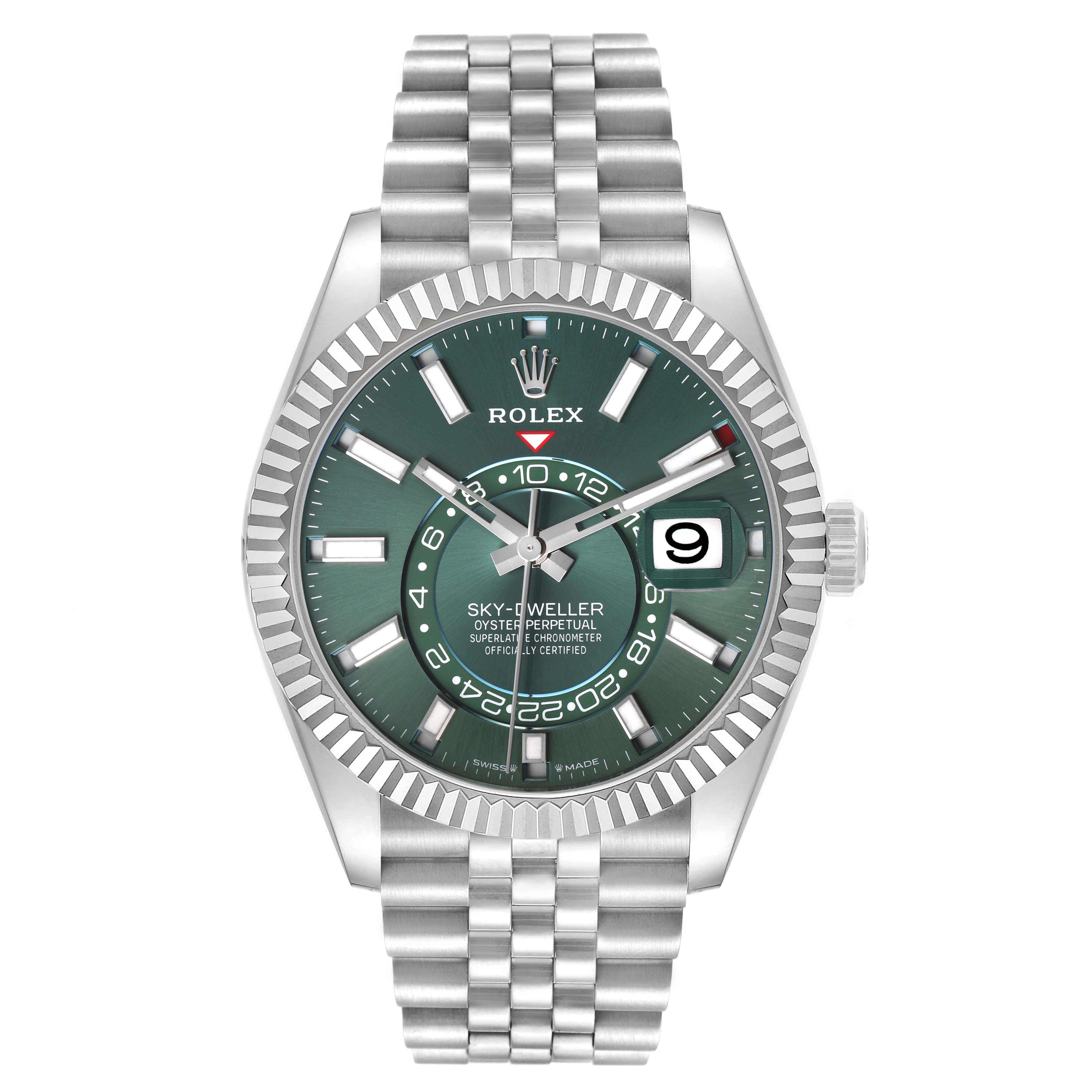 The Rolex Sky-Dweller 336934 Men's Stainless Steel Green Dial watch is shown from the front, displaying the face, bezel, crown, and bracelet.