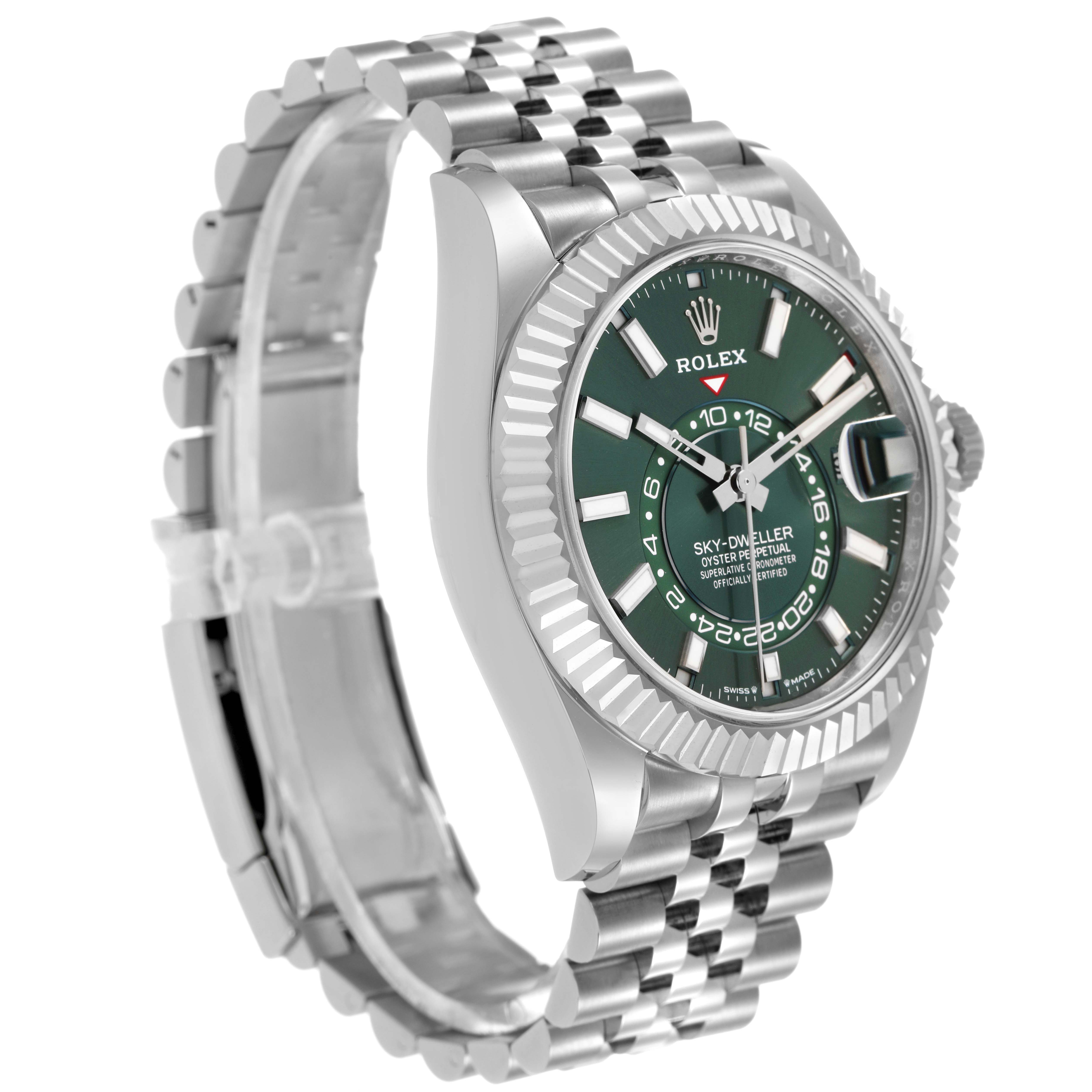 The Rolex Sky-Dweller 336934 Men's Stainless Steel Green Dial watch is shown at an angled side view, highlighting the green dial, bezel, and metal bracelet.