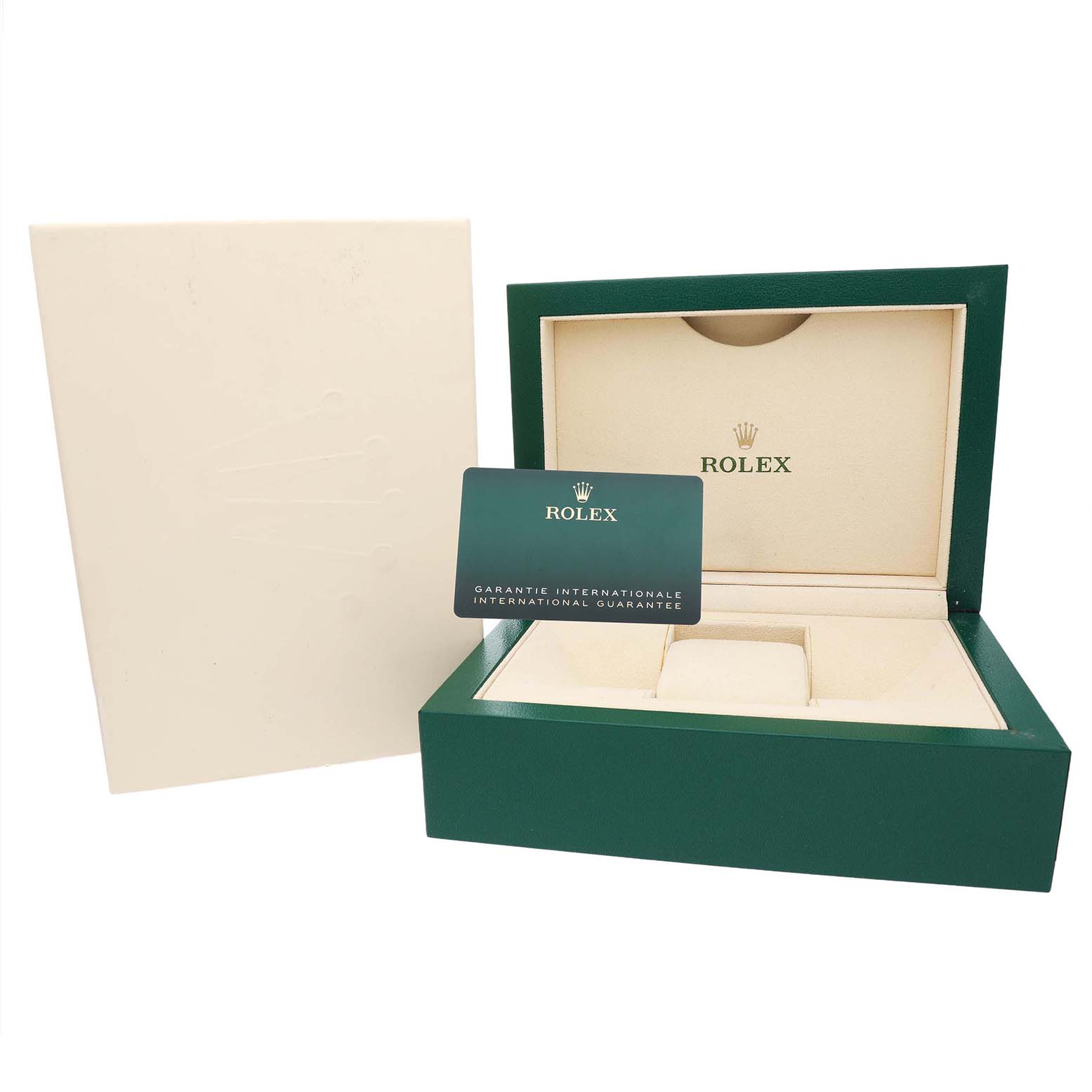 The image shows a Rolex Sky-Dweller 336934 Men's Stainless Steel Green Dial watch box and warranty card from a front angle.