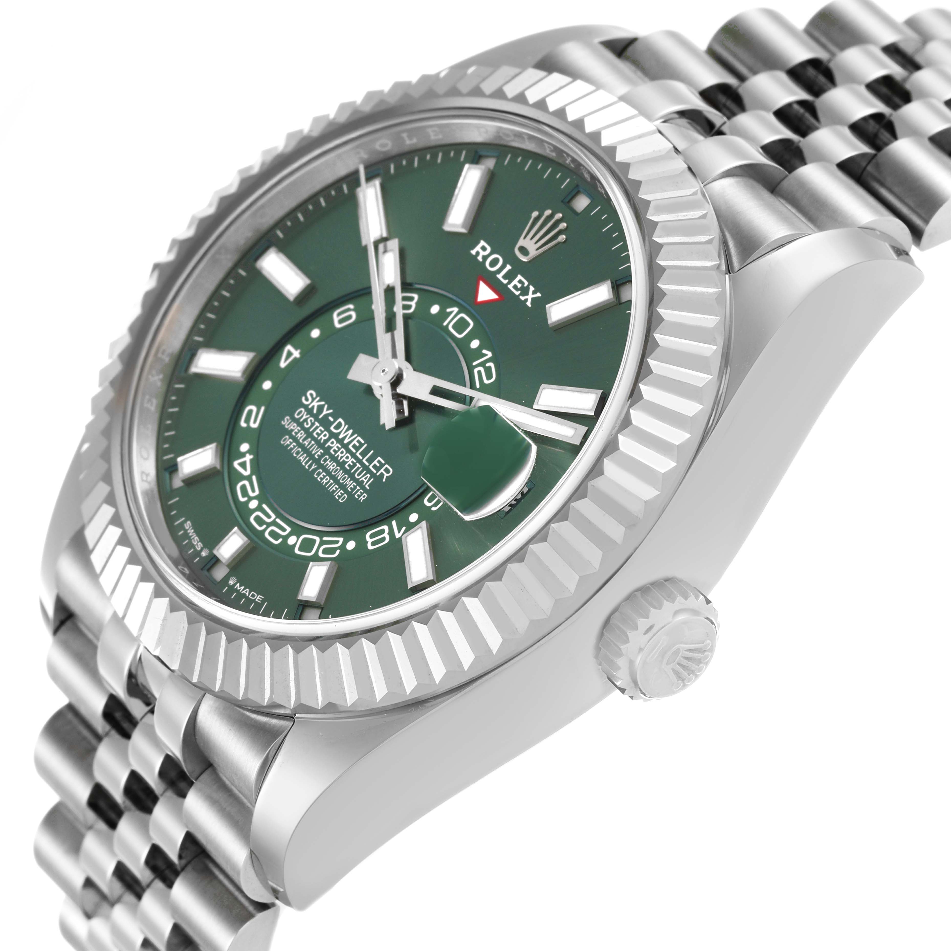 The Rolex Sky-Dweller 336934 Men's Stainless Steel Green Dial is shown at a three-quarter angle, highlighting the bezel, crown, and part of the bracelet.