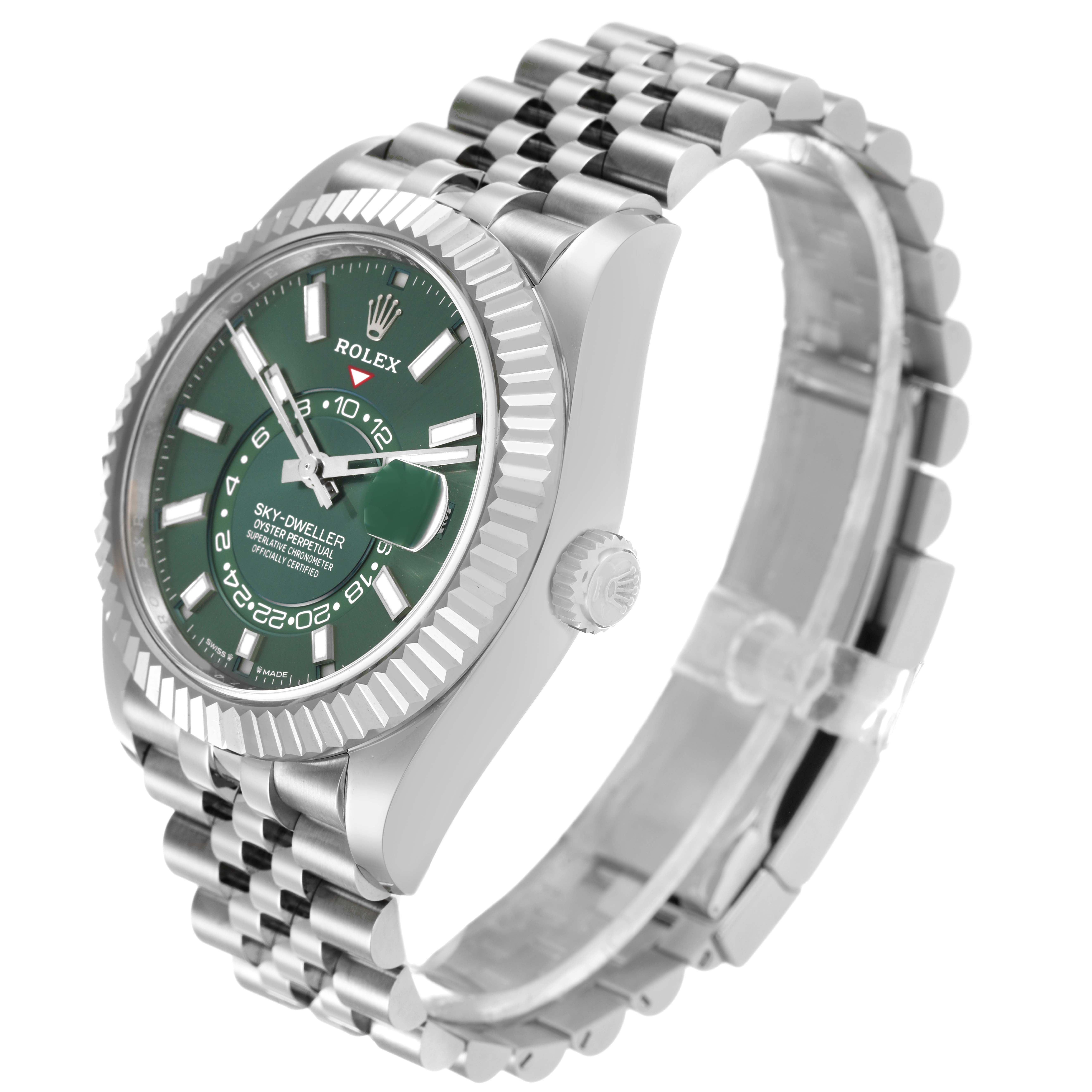 The Rolex Sky-Dweller 336934 Men's Stainless Steel Green Dial watch is shown at a slight angle, highlighting the dial, bezel, crown, and bracelet.