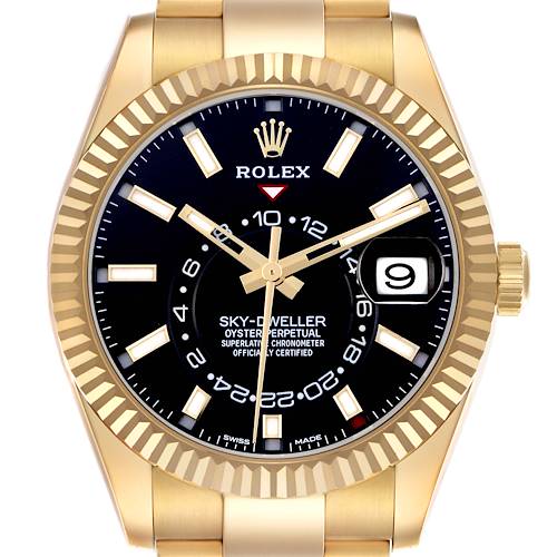 The Rolex Sky-Dweller watch is shown from a front angle, highlighting its dial, bezel, and crown.