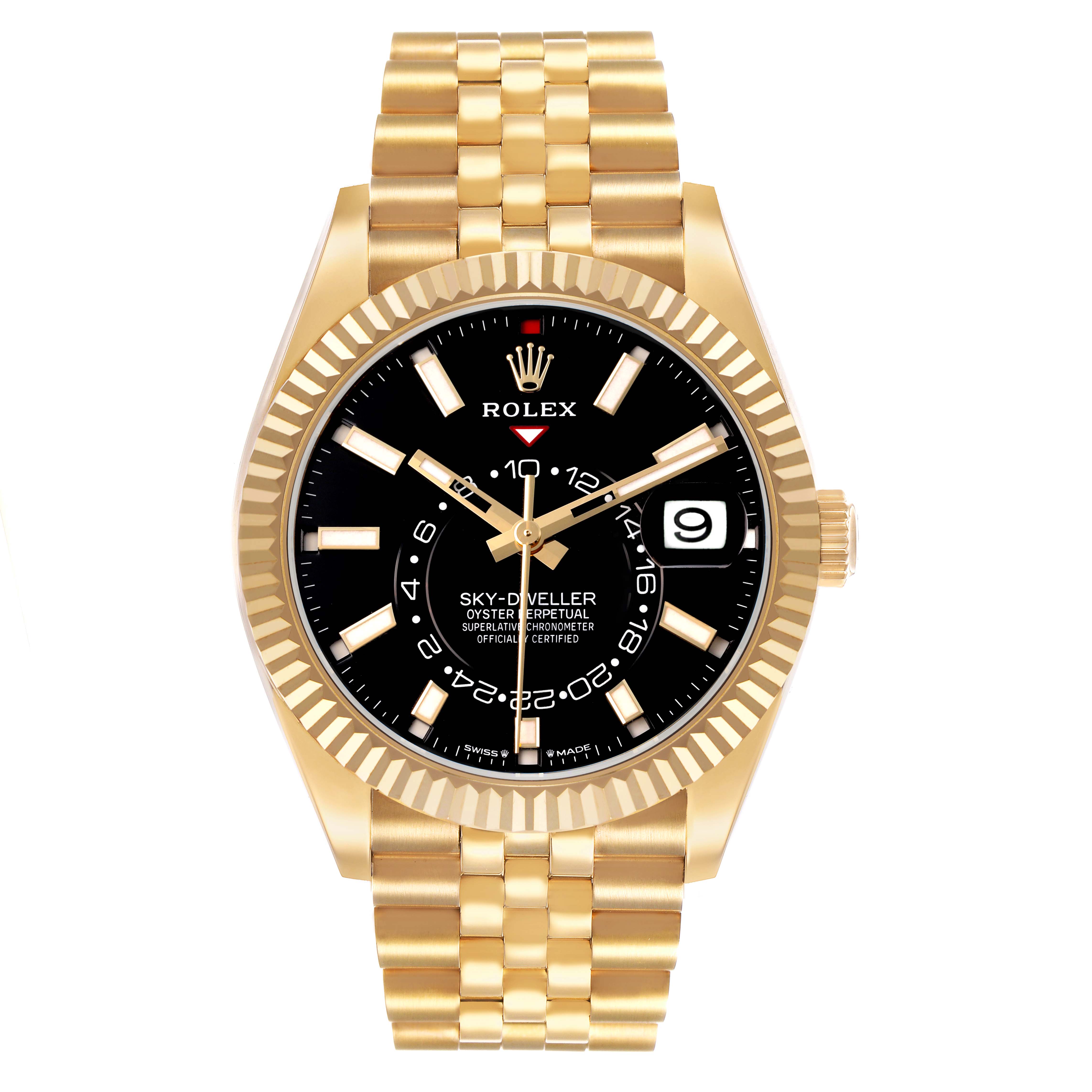 The image shows a front view of the Rolex Sky-Dweller 336938 Men's Yellow Gold Black Dial with a gold band, black dial, and fluted bezel.