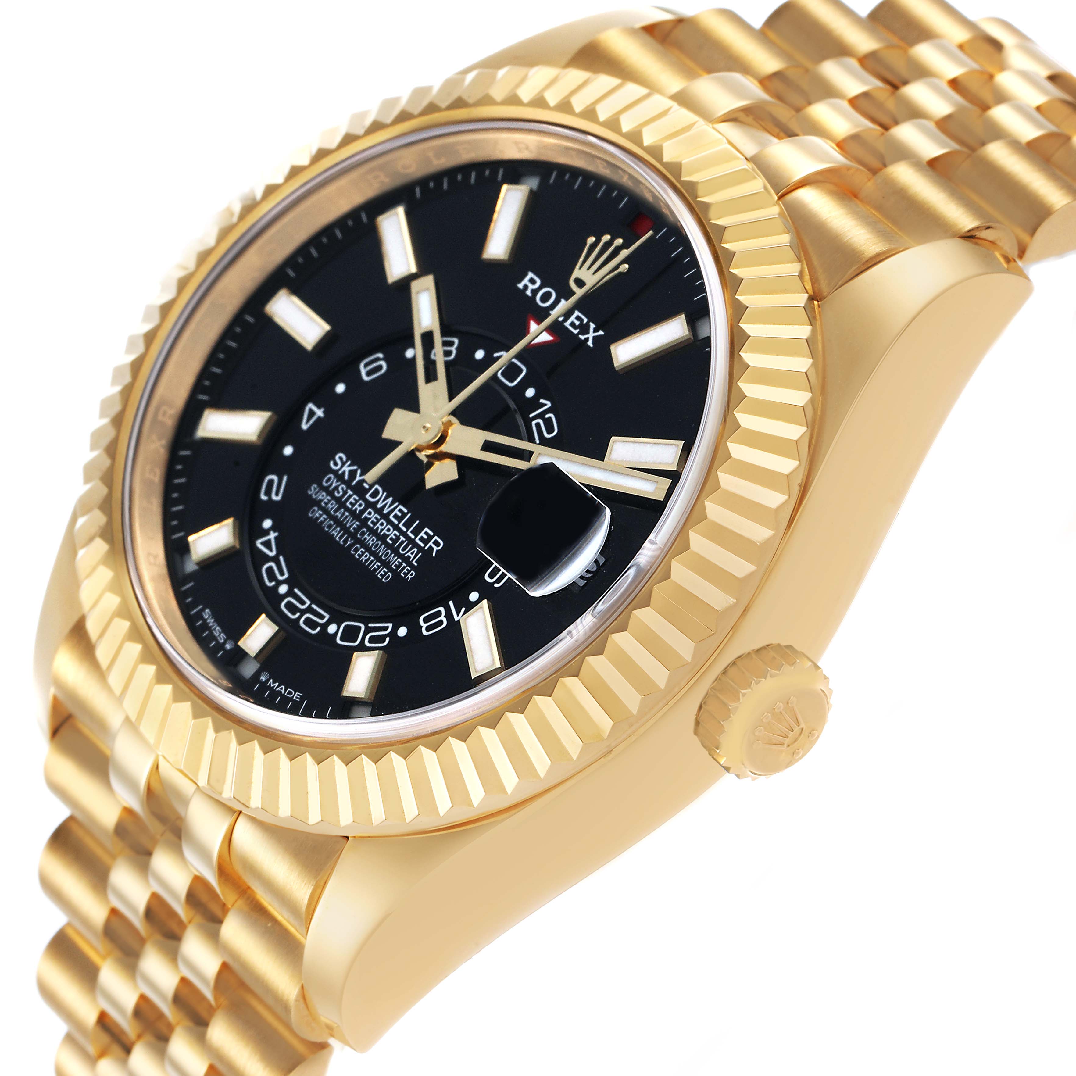 The Rolex Sky-Dweller 336938 Men's Yellow Gold Black Dial watch is shown at a tilted angle, highlighting the gold case, bezel, crown, and black dial.