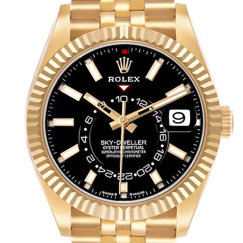 The Rolex Sky-Dweller 336938 Mens Yellow Gold Black Dial watch is shown from the front, highlighting its black dial, gold hands, date window, and fluted bezel.