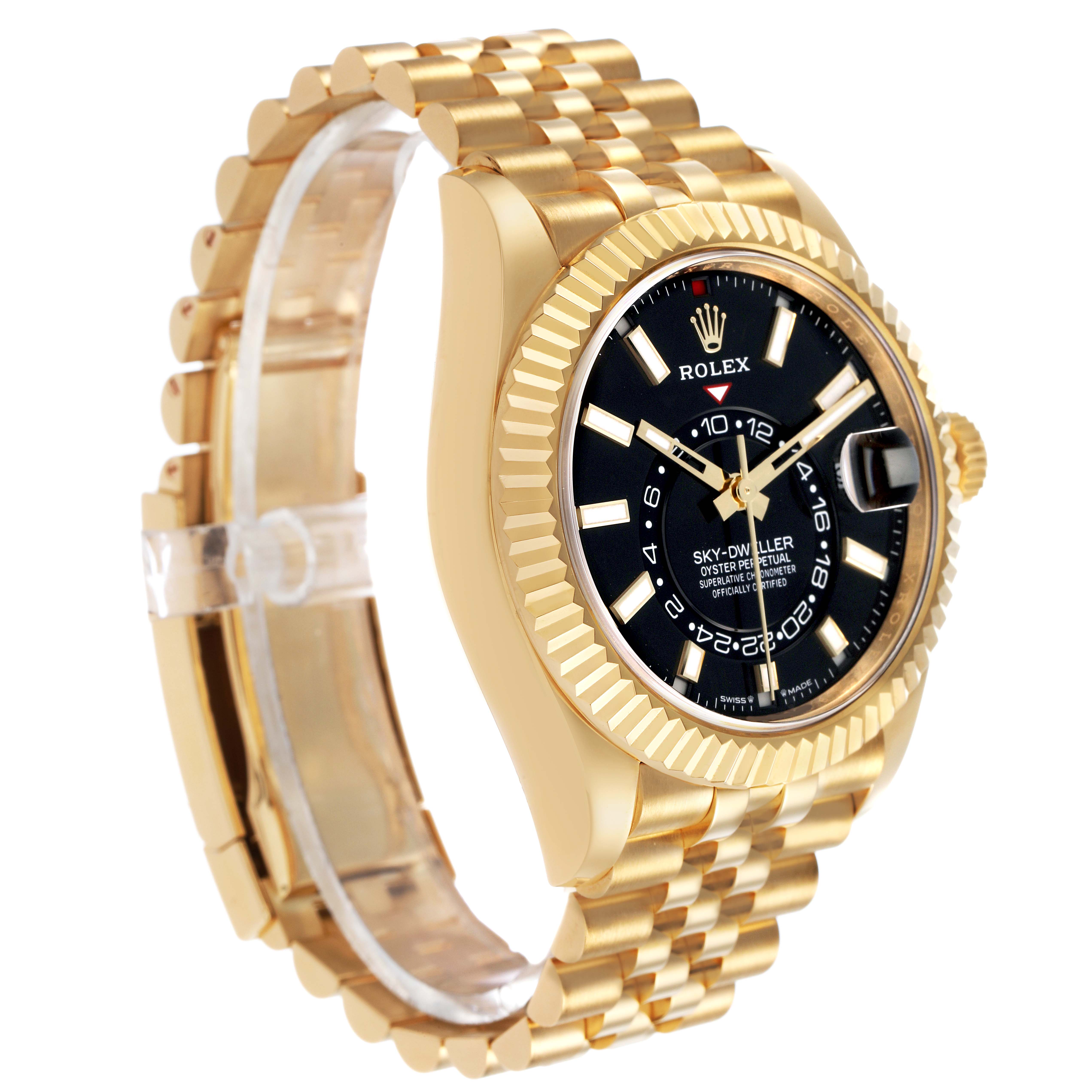 The Rolex Sky-Dweller 336938 Men's Yellow Gold Black Dial watch is shown at a slight angle, highlighting the gold case, black dial, bracelet, and fluted bezel.