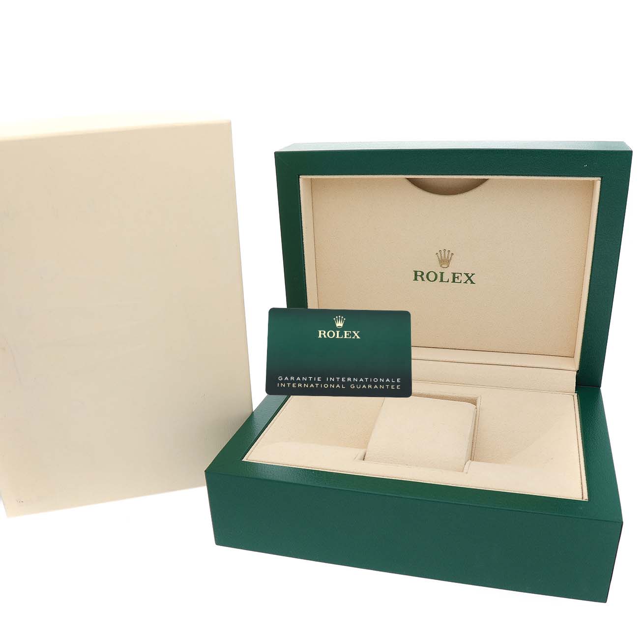 The image shows an open Rolex Sky-Dweller 336938 Men's Yellow Gold Black Dial watch box with the international guarantee card positioned inside.