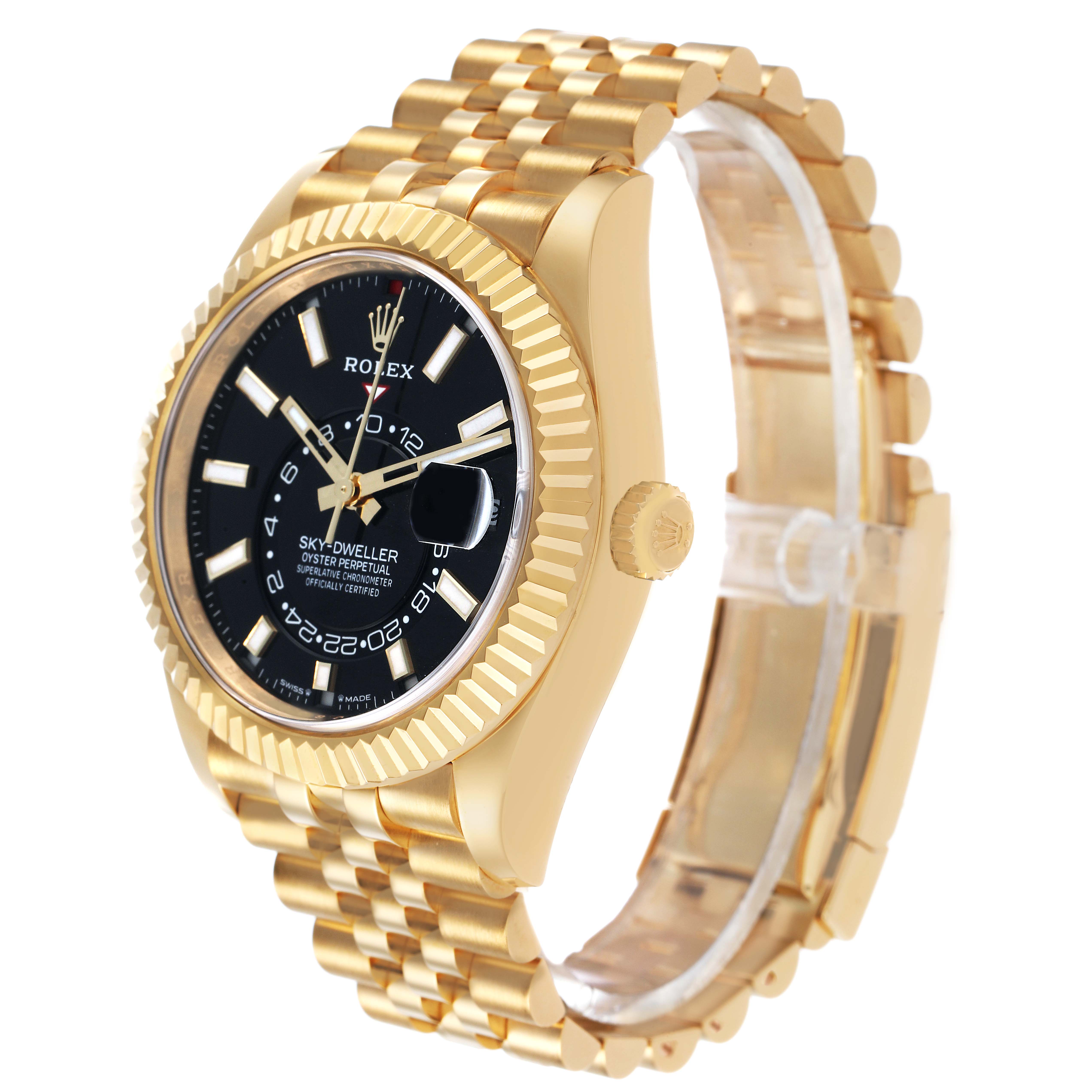 The Rolex Sky-Dweller 336938 Men's Yellow Gold Black Dial is shown at a three-quarter angle, featuring its black dial, gold fluted bezel, and jubilee bracelet.