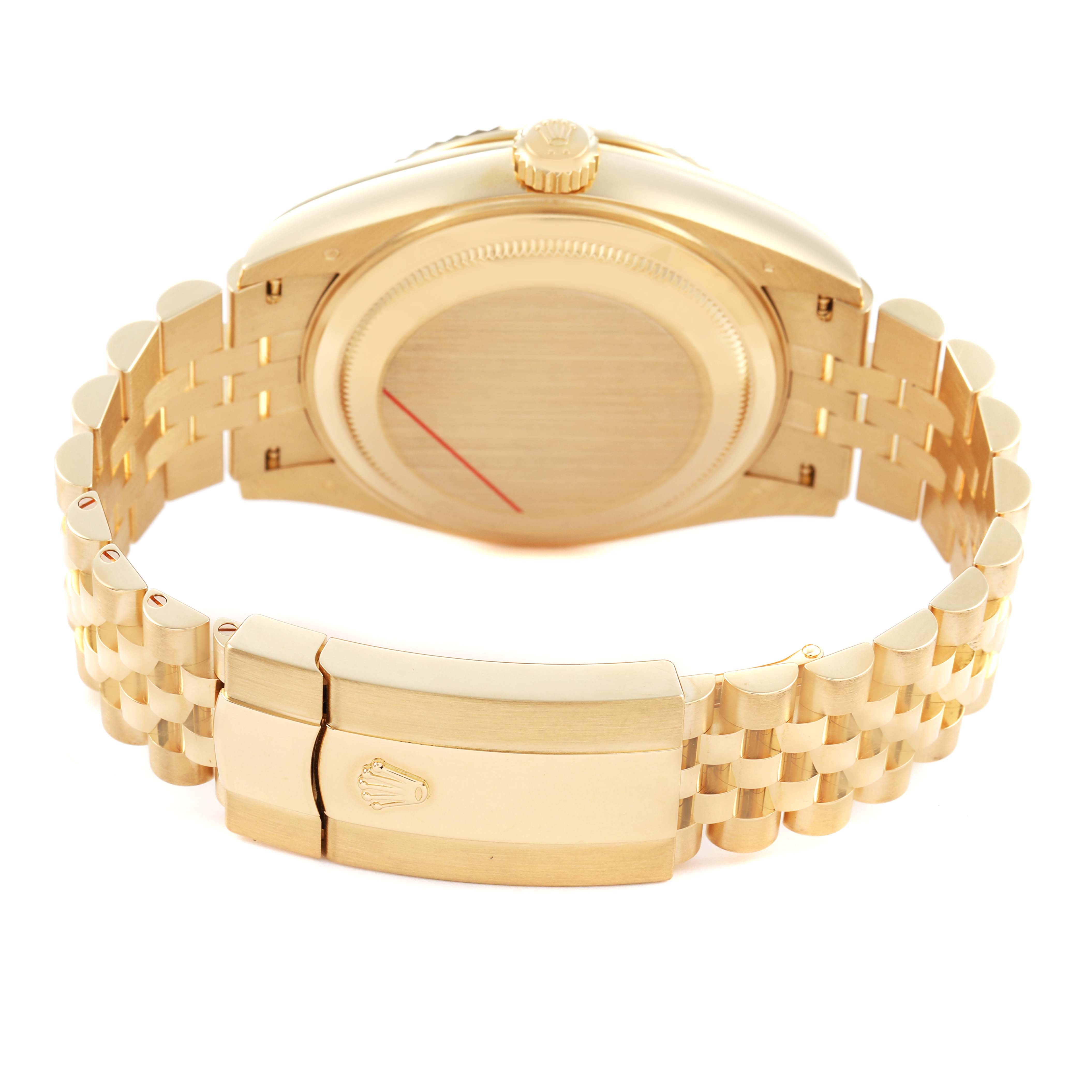 The image shows the back and clasp of a Rolex Sky-Dweller 336938 Men's Yellow Gold Black Dial watch at a rear angle.