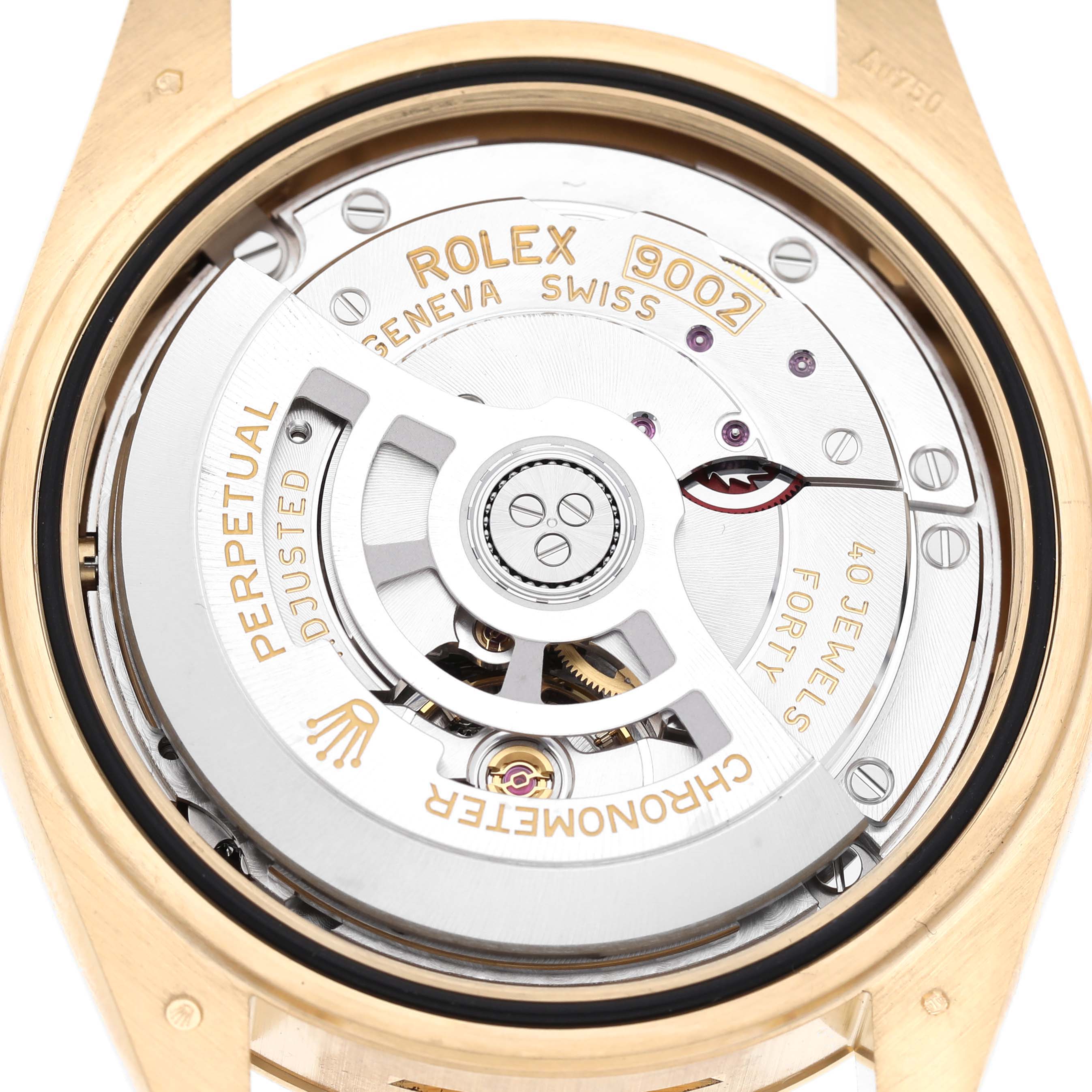 The image shows the back view of a Rolex Sky-Dweller 336938 Men's Yellow Gold Black Dial, displaying its movement and automatic rotor.