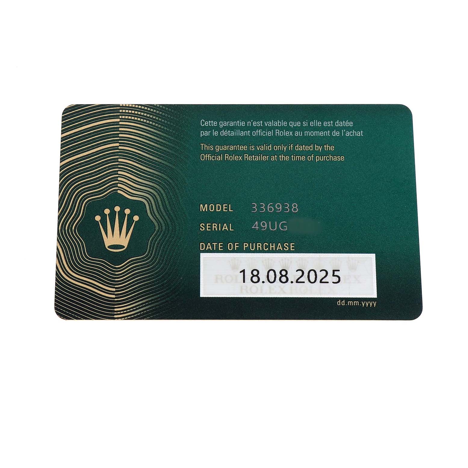 The image shows a warranty card for a Rolex Sky-Dweller 336938 Men's Yellow Gold Black Dial, displaying model, serial number, and purchase date details.