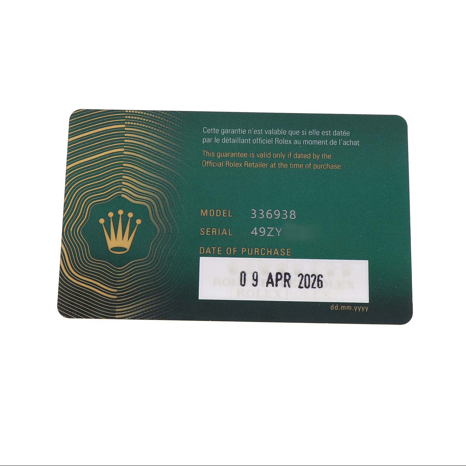 The image shows an official Rolex warranty card for a Sky-Dweller model, featuring the model and serial number with purchase date.