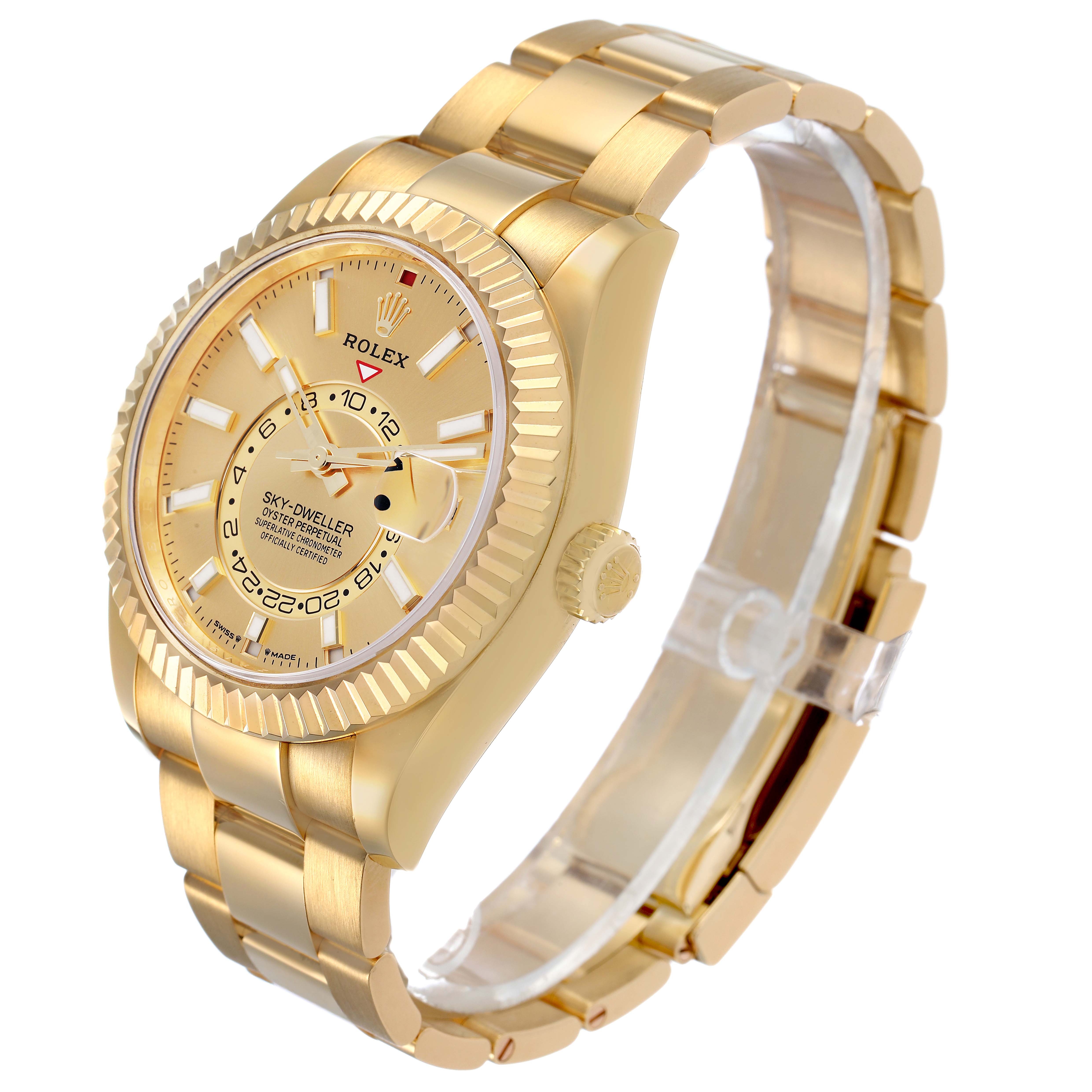 The Rolex Sky-Dweller 336938 Men's Yellow Gold Champagne Dial watch is shown at a three-quarter angle, displaying the dial, case, bezel, bracelet, and crown.