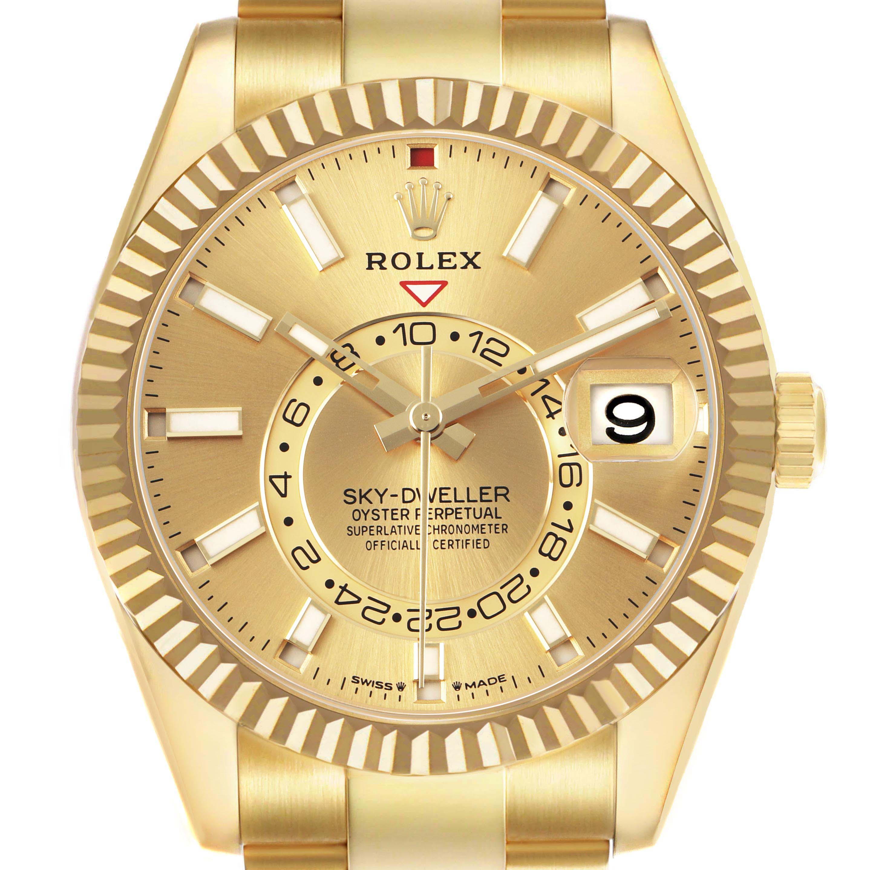 The Rolex Sky-Dweller 336938 Men's Yellow Gold Champagne Dial watch is shown from a front angle, highlighting the dial, bezel, hands, and date window.