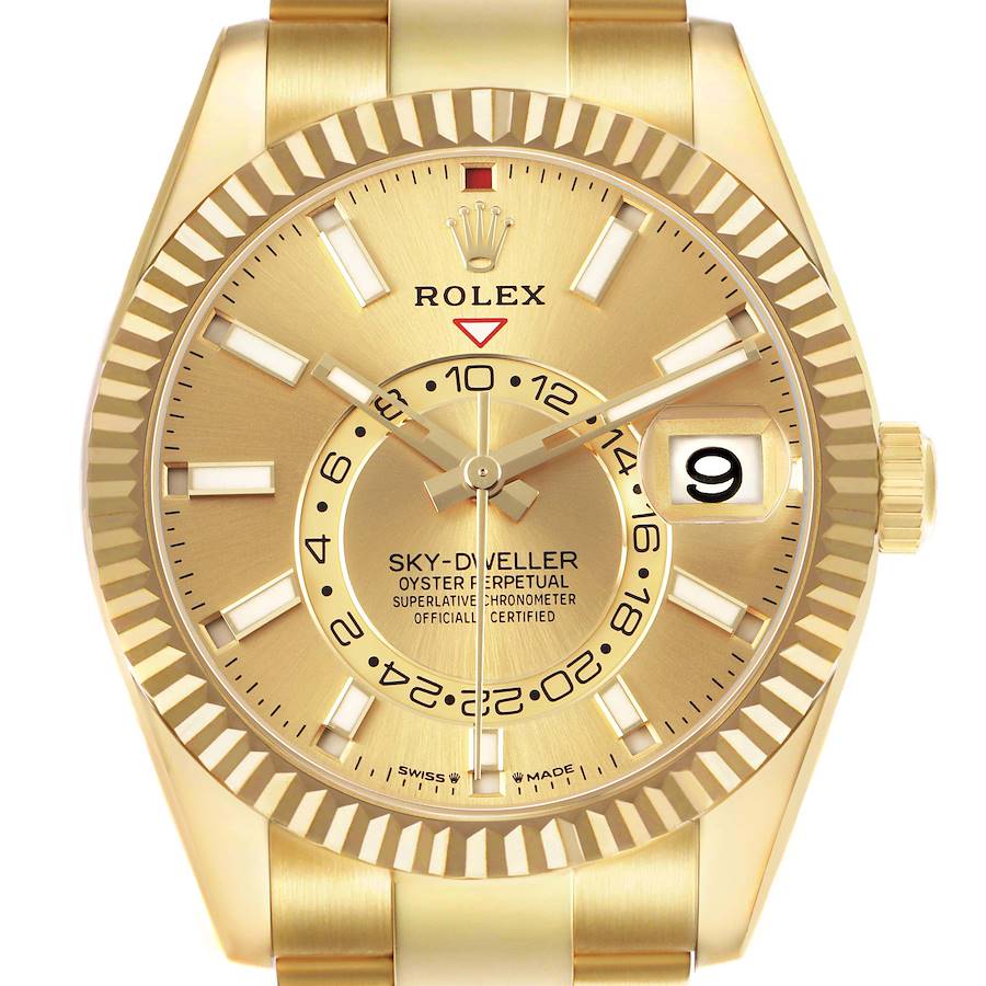 The Rolex Sky-Dweller 336938 Men's Yellow Gold Champagne Dial watch is shown from a front angle, highlighting the dial, bezel, hands, and date window.