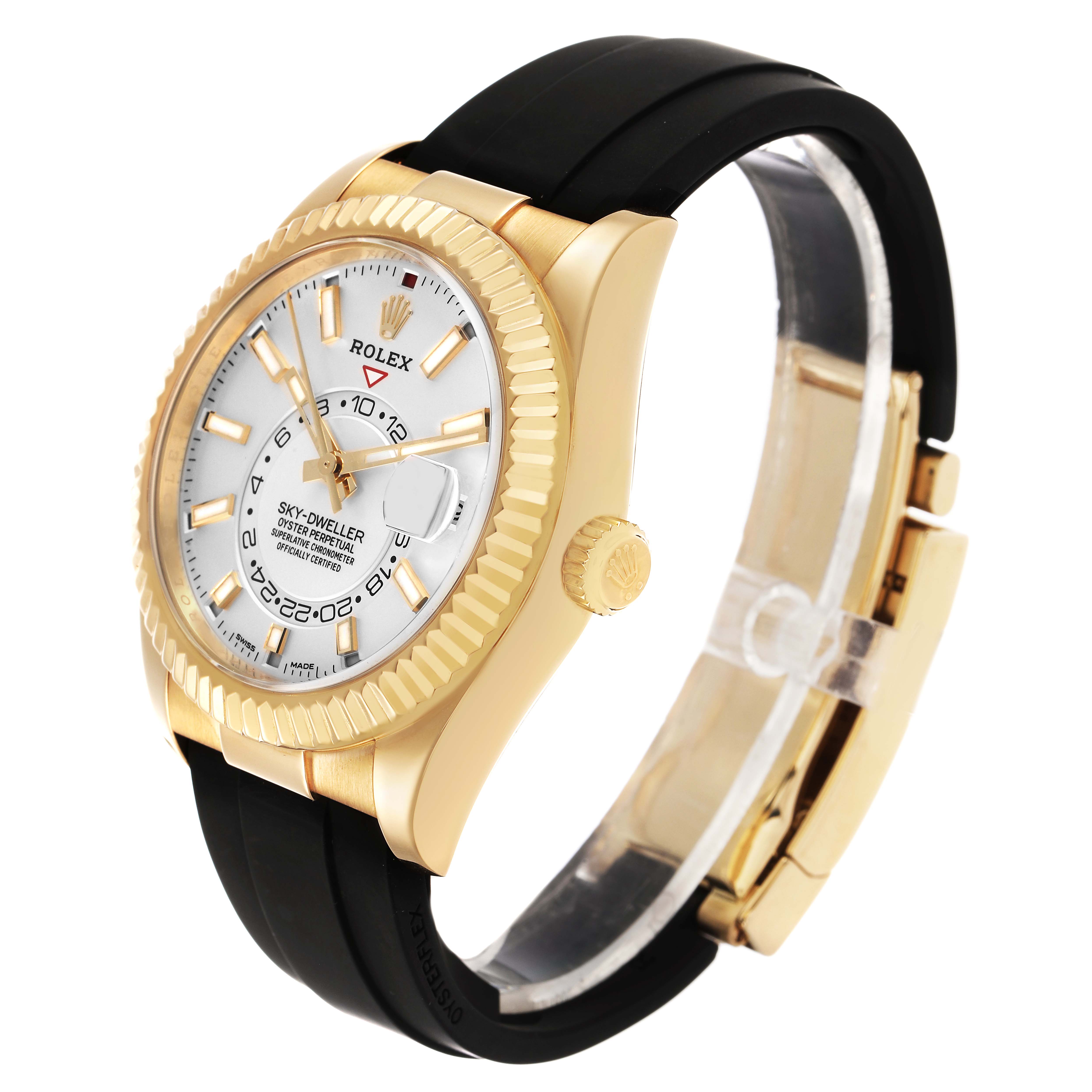 The Rolex Sky-Dweller 326238 Men's Yellow Gold White Dial watch is shown at a three-quarter angle, highlighting the dial, bezel, and black strap.