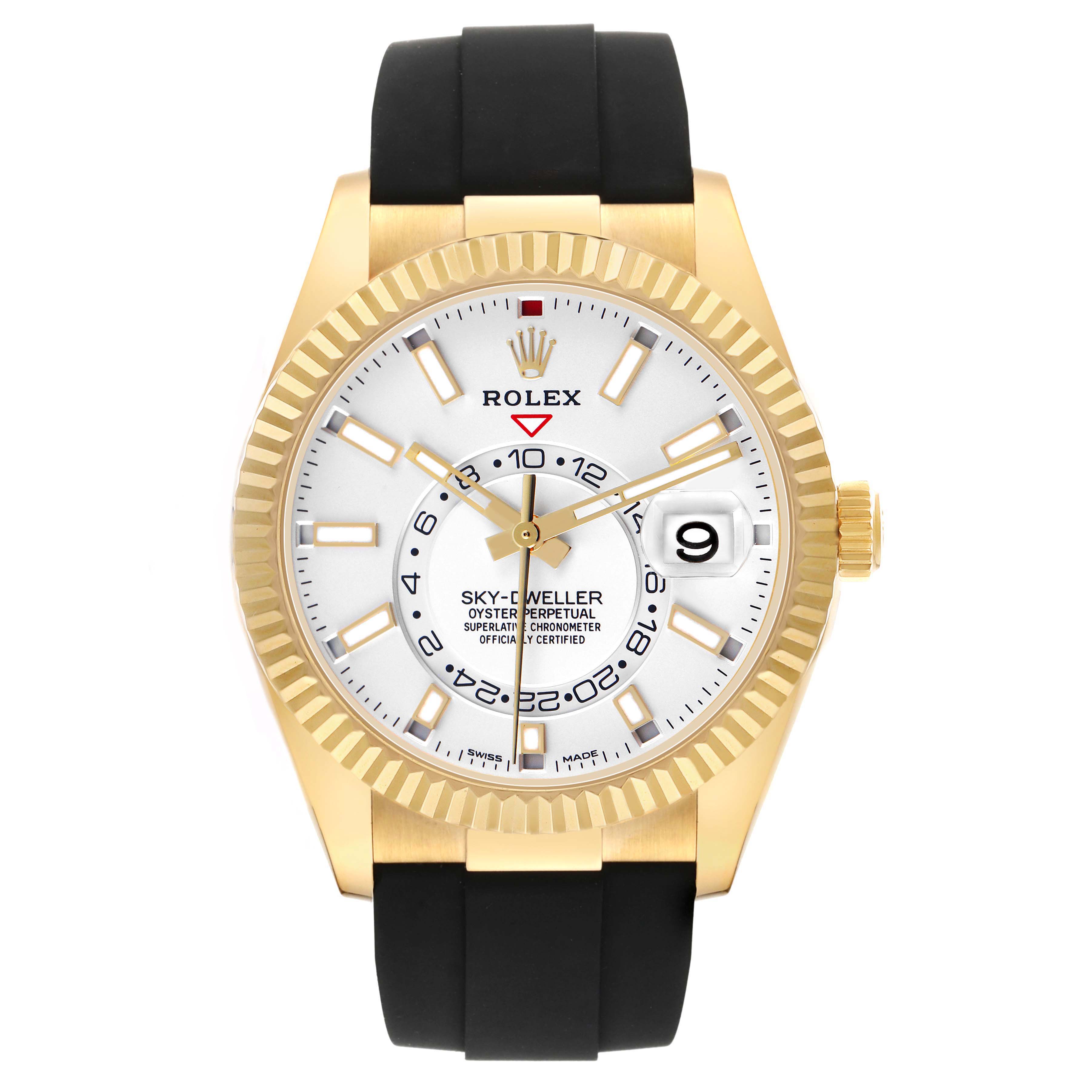 The Rolex Sky-Dweller 326238 Men's Yellow Gold White Dial watch is shown from a front angle, highlighting its dial, bezel, crown, and black strap.