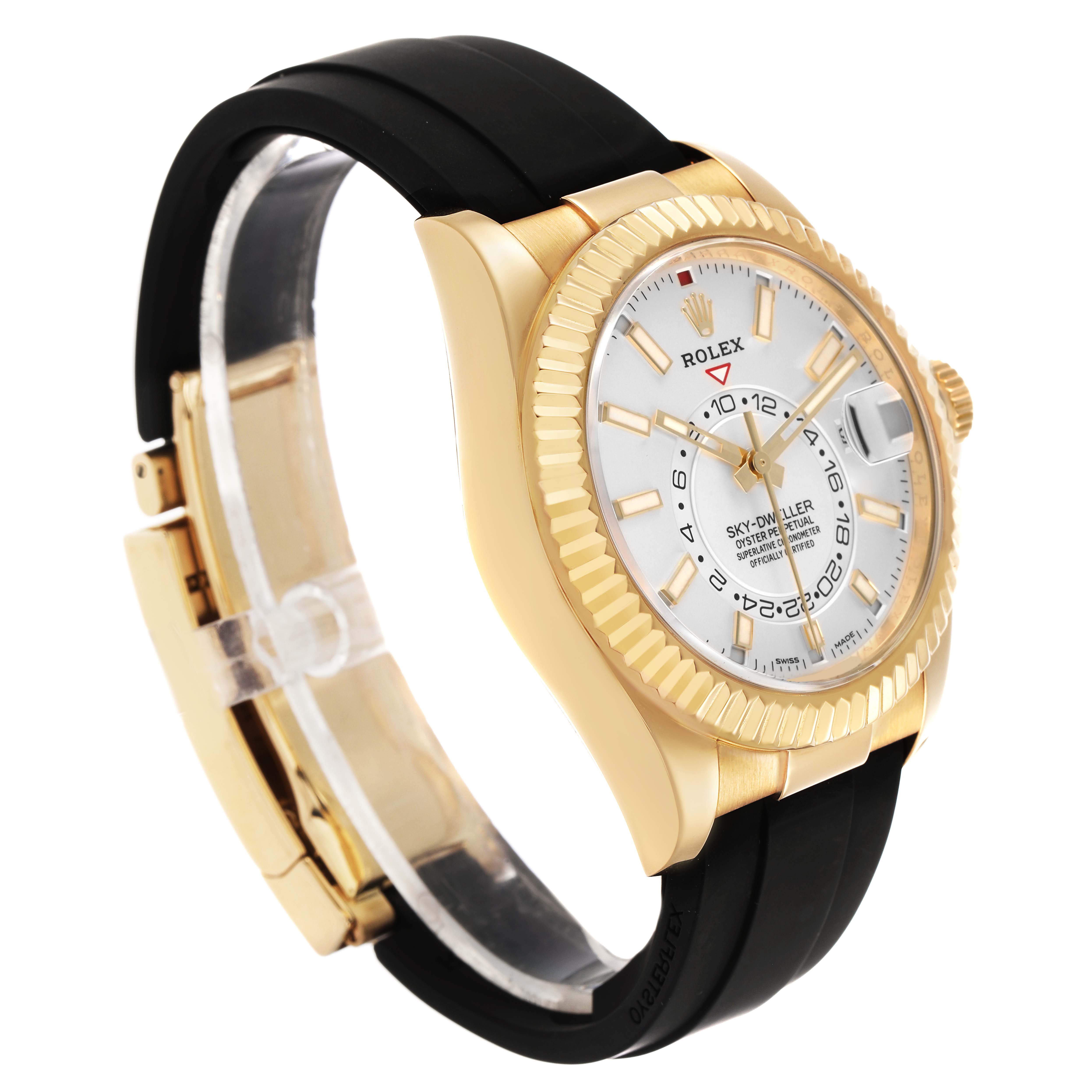 The Rolex Sky-Dweller 326238 Men's Yellow Gold White Dial watch is shown at a three-quarter angle, highlighting its gold case, bezel, dial, and black strap.