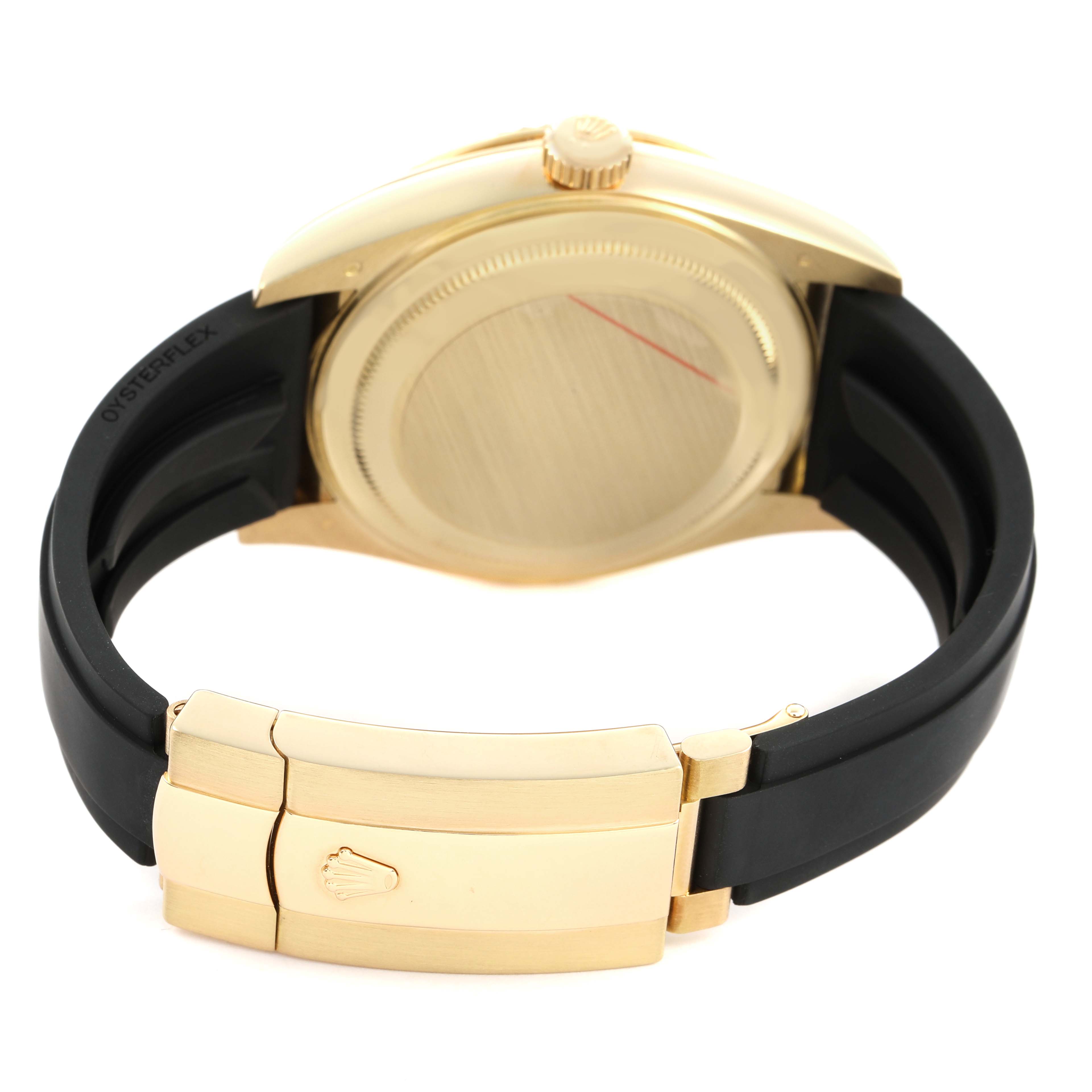 The Rolex Sky-Dweller 326238 Men's Yellow Gold White Dial watch is shown from the back, highlighting its gold case, crown, closed clasp, and black Oysterflex band.