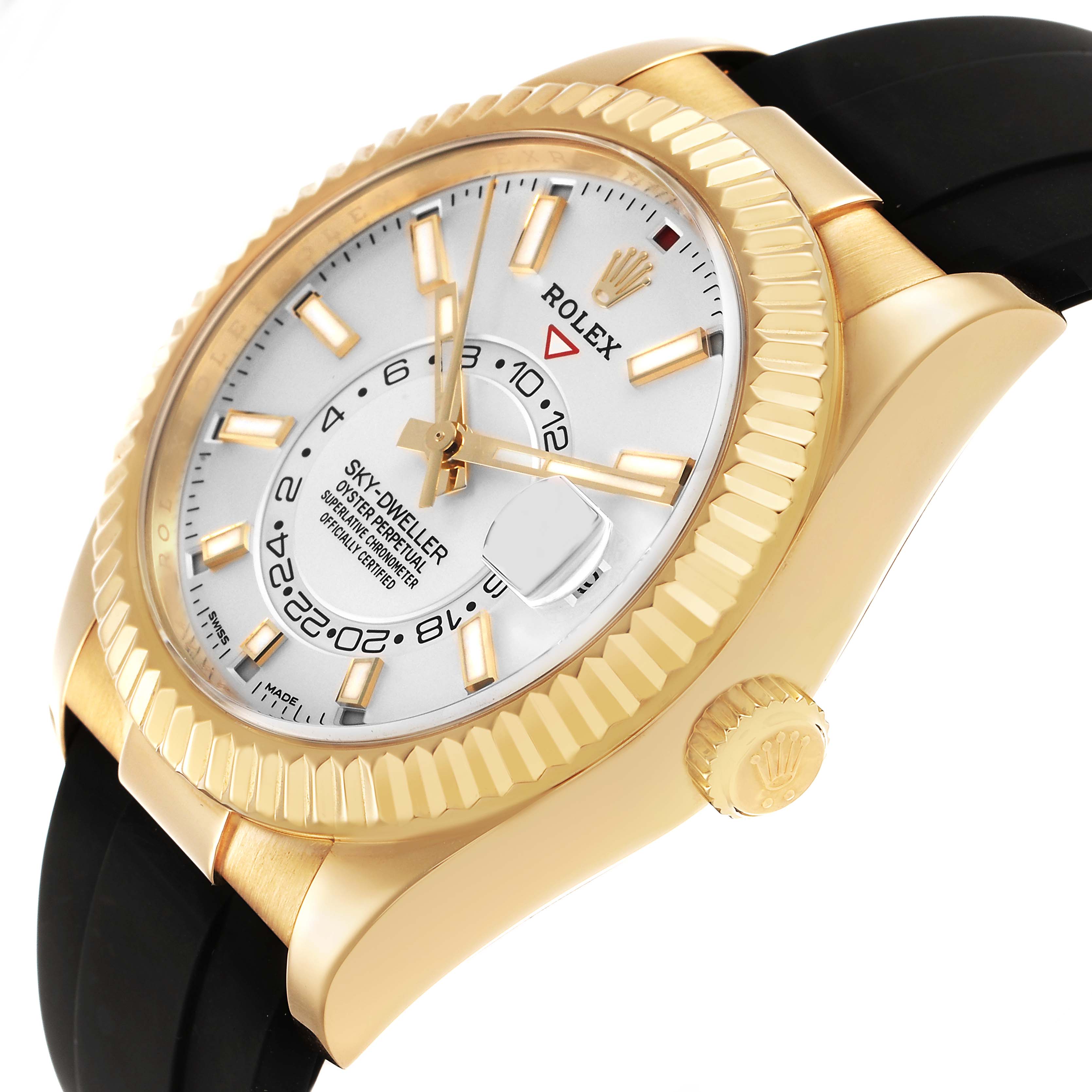 The image shows a Rolex Sky-Dweller 326238 Men's Yellow Gold White Dial from a front angle highlighting the dial, fluted bezel, and crown with a rubber strap.