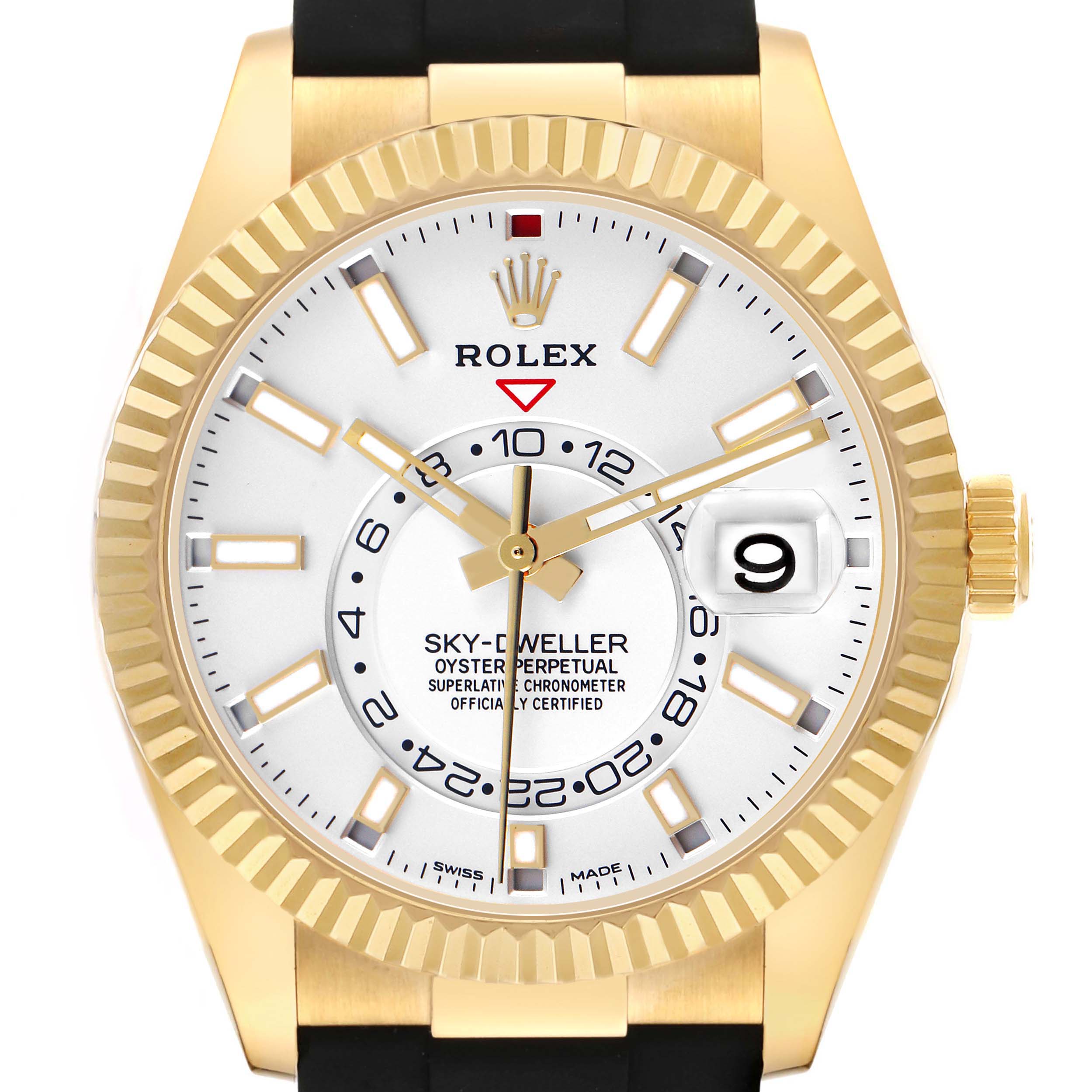 The Rolex Sky-Dweller 326238 Men's Yellow Gold White Dial watch is displayed front-on, showing the case, bezel, dial, hands, and crown clearly.