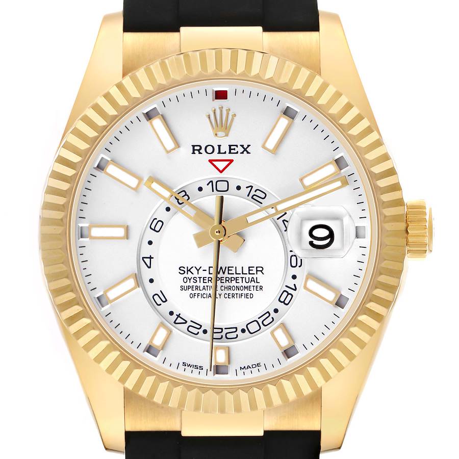 The Rolex Sky-Dweller 326238 Men's Yellow Gold White Dial watch is displayed front-on, showing the case, bezel, dial, hands, and crown clearly.