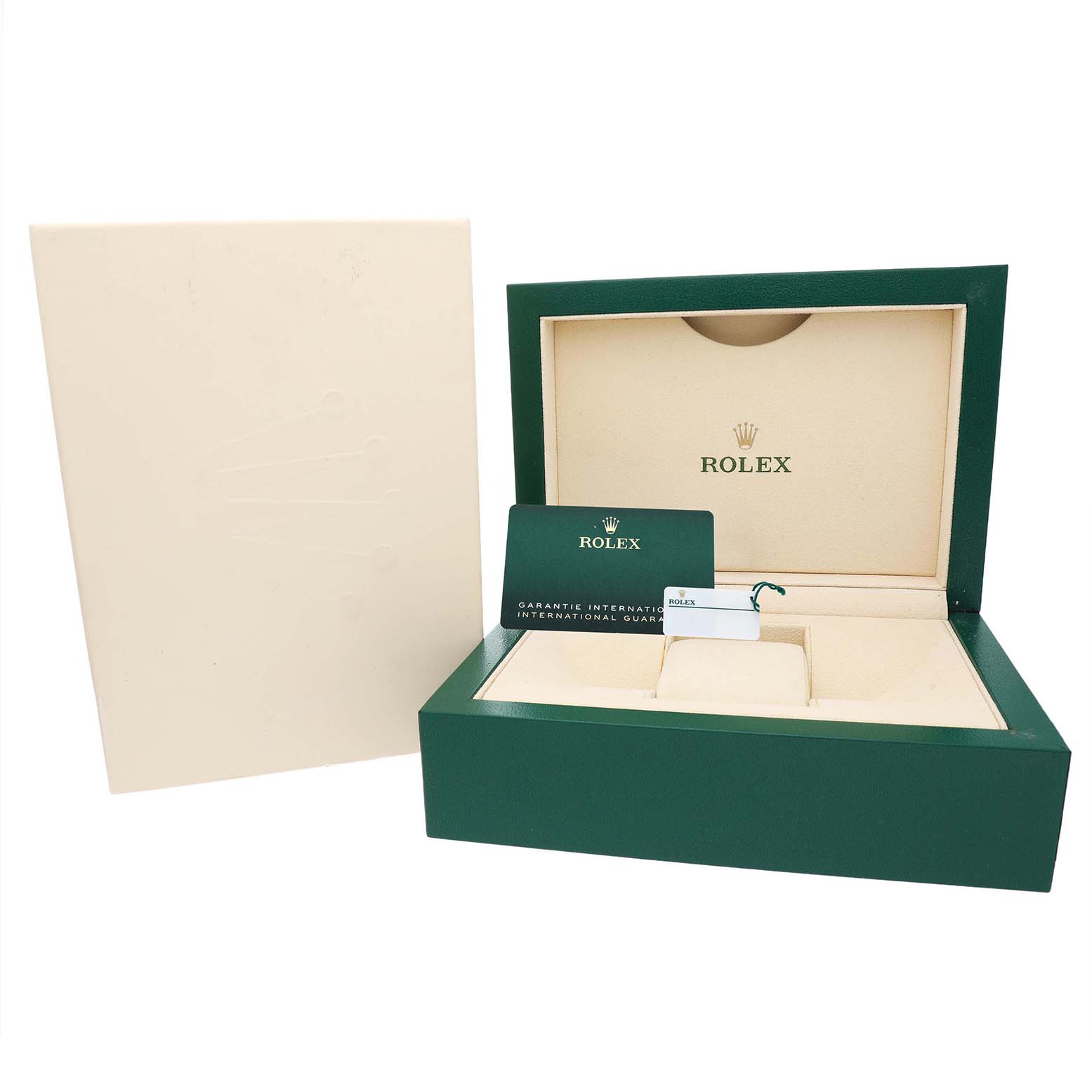 The image shows a Rolex Sky-Dweller 326238 Men's Yellow Gold White Dial watch box with accompanying guarantee card and tag, viewed from the front.