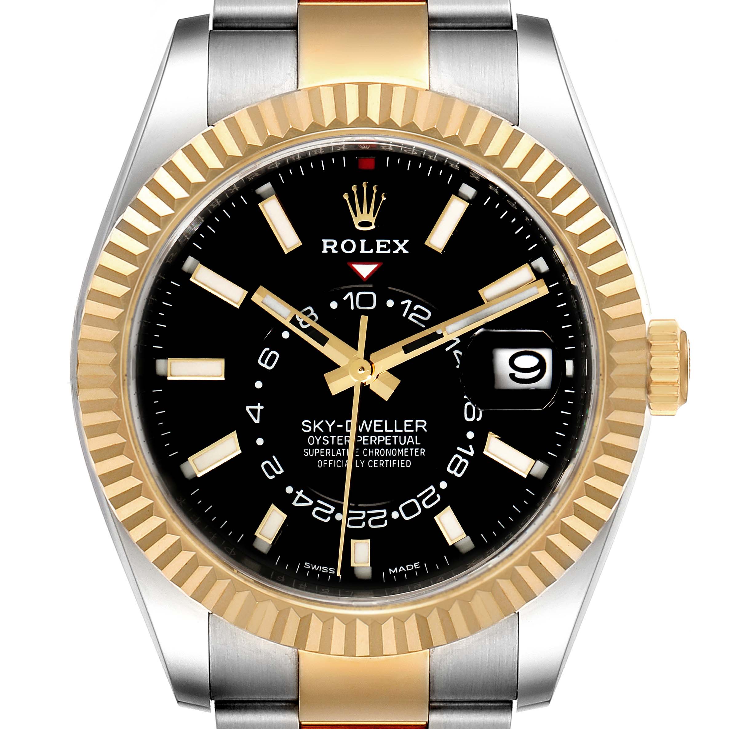 The image shows a front view of a Rolex Sky-Dweller 326933 Men's Steel and Gold (two tone) Black Dial 326933 Men's Steel and Gold (two tone) Black Dial watch, highlighting the face, bezel, hands, and part of the bracelet.