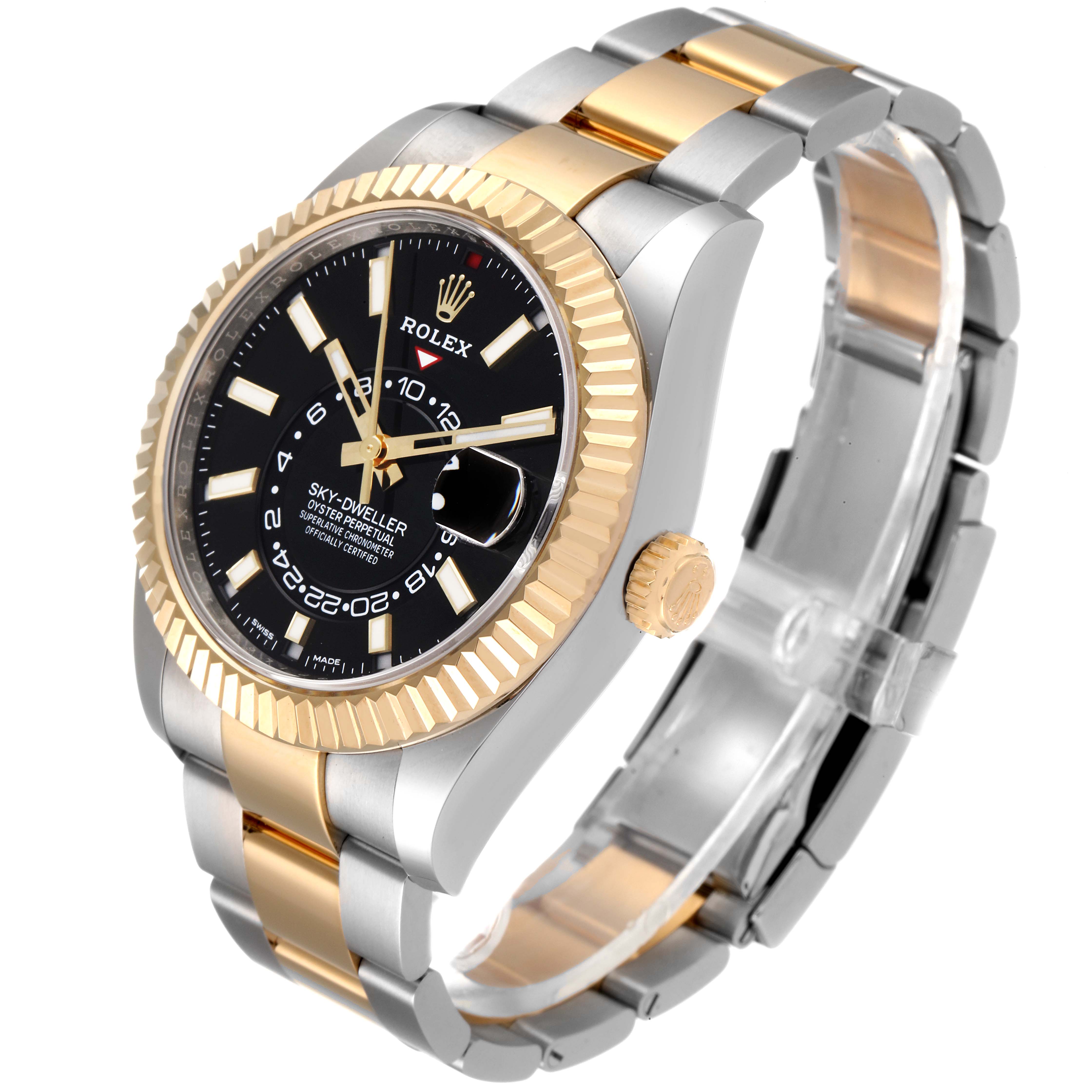 The image shows a Rolex Sky-Dweller 326933 Men's Steel and Gold (two tone) Black Dial 326933 Men's Steel and Gold (two tone) Black Dial watch at an angled side view, highlighting its bezel, dial, crown, and two-tone bracelet.
