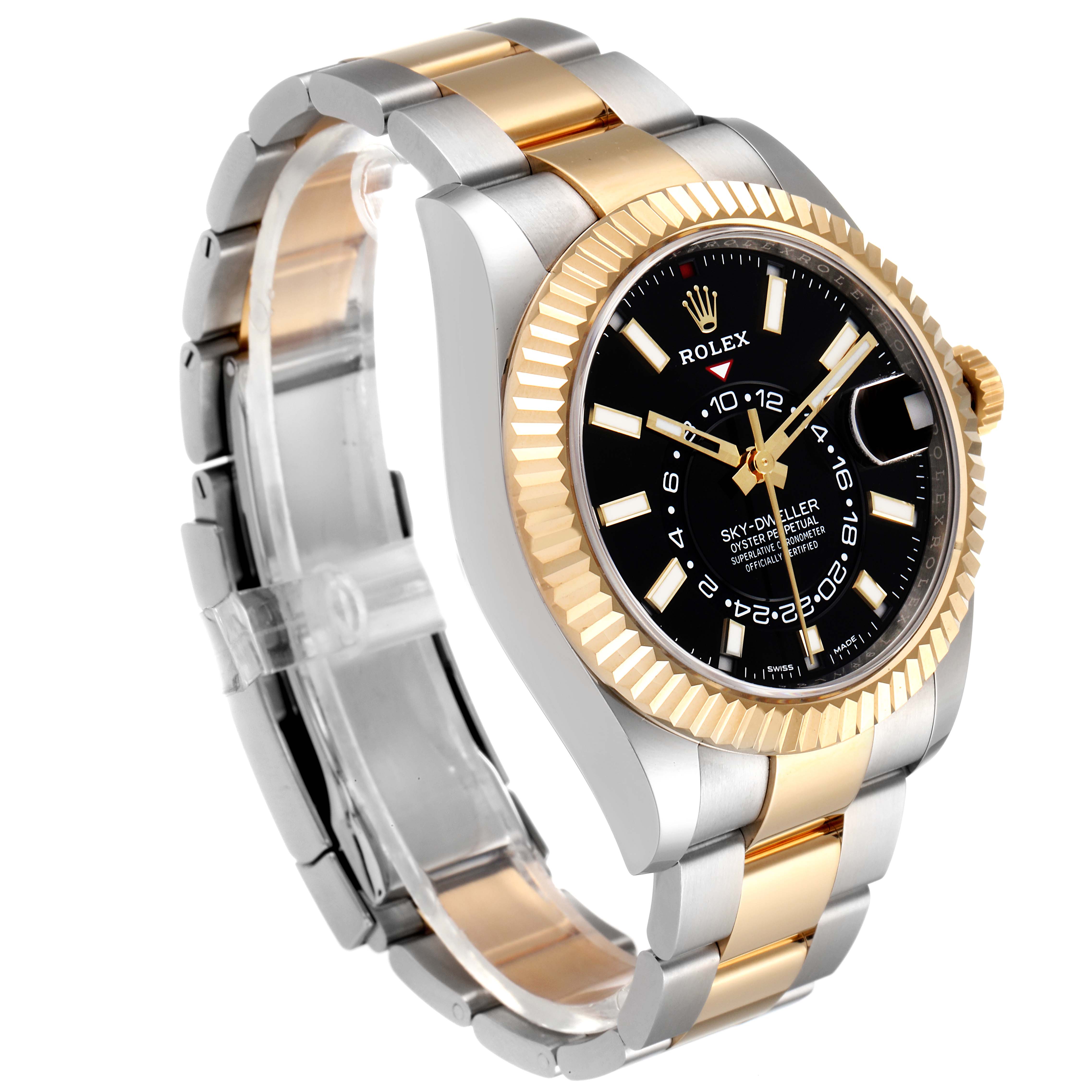 The Rolex Sky-Dweller 326933 Men's Steel and Gold (two tone) Black Dial 326933 Men's Steel and Gold (two tone) Black Dial watch is shown at a three-quarter angle, highlighting its dial, bezel, and two-tone bracelet.