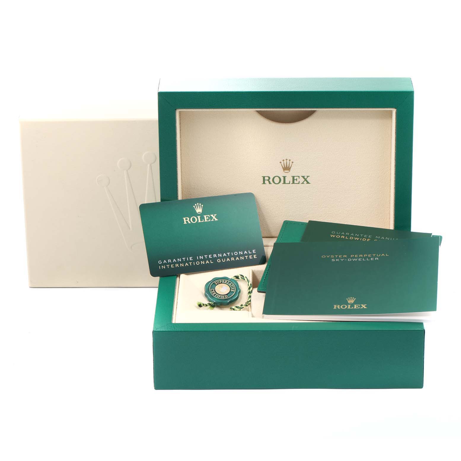 The image shows a Rolex Sky-Dweller 326933 Men's Steel and Gold (two tone) Black Dial 326933 Men's Steel and Gold (two tone) Black Dial watch box with warranty cards, booklet, and a tag, photographed from the front.