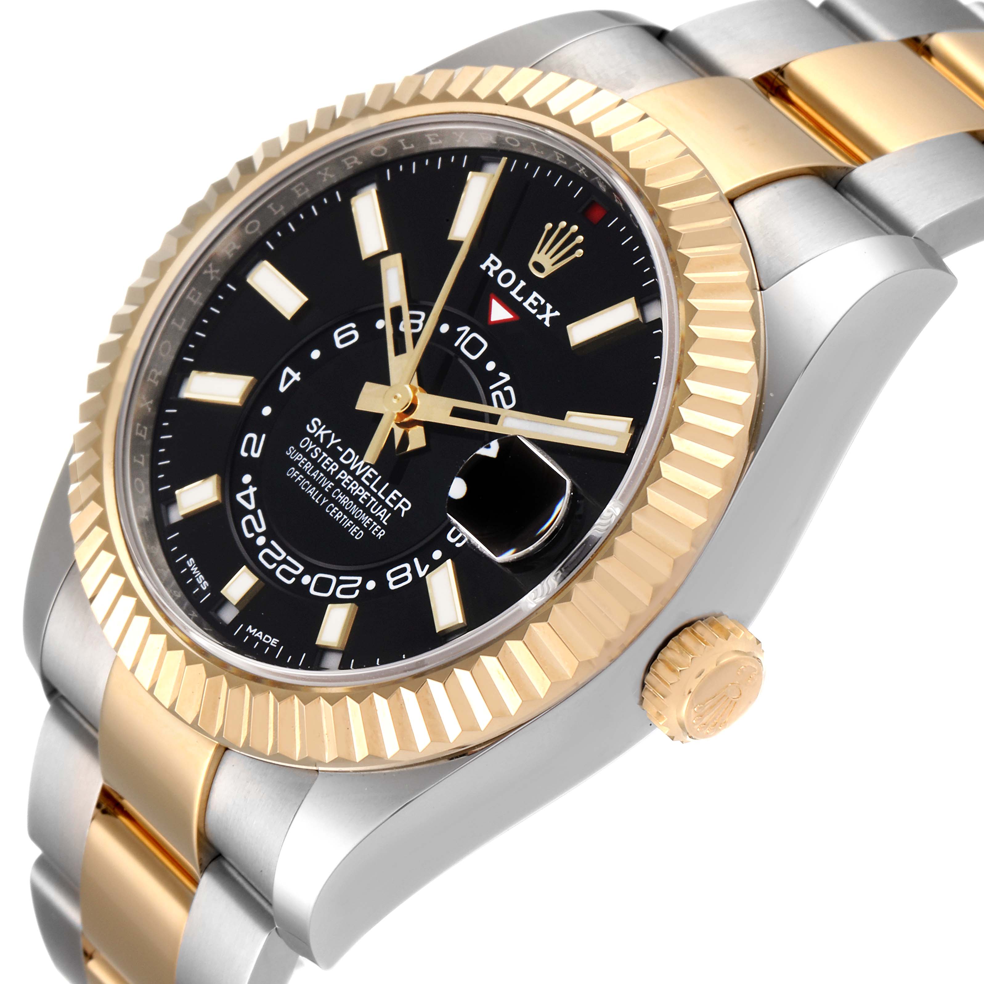 The image shows a close-up view of a Rolex Sky-Dweller 326933 Men's Steel and Gold (two tone) Black Dial 326933 Men's Steel and Gold (two tone) Black Dial watch, highlighting the bezel, dial, crown, and part of the bracelet.