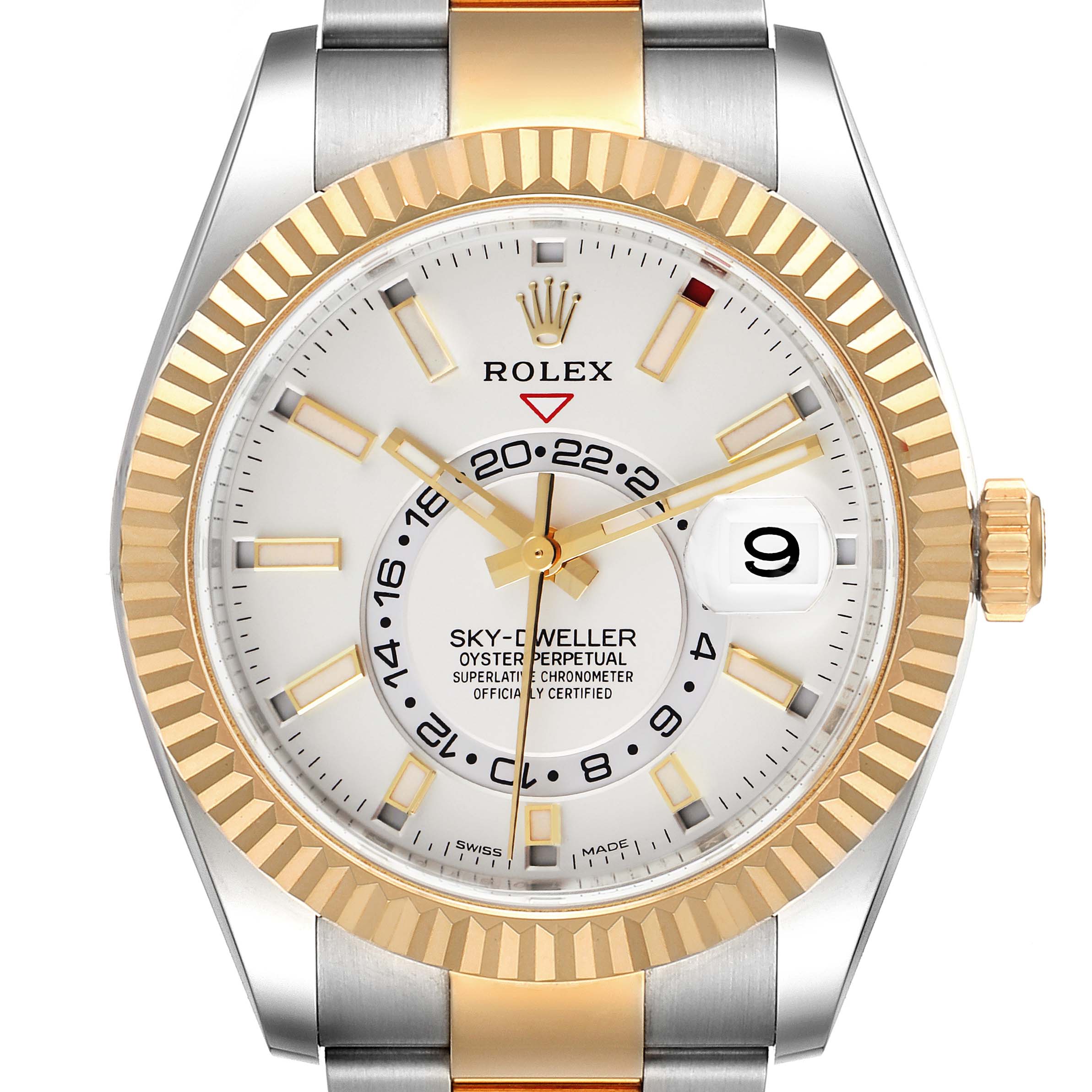 The Rolex Sky-Dweller 326933 Men's Steel and Gold (two tone) White Dial 326933 Men's Steel and Gold (two tone) White Dial watch is shown from a front angle, highlighting the face, bezel, and part of the bracelet.