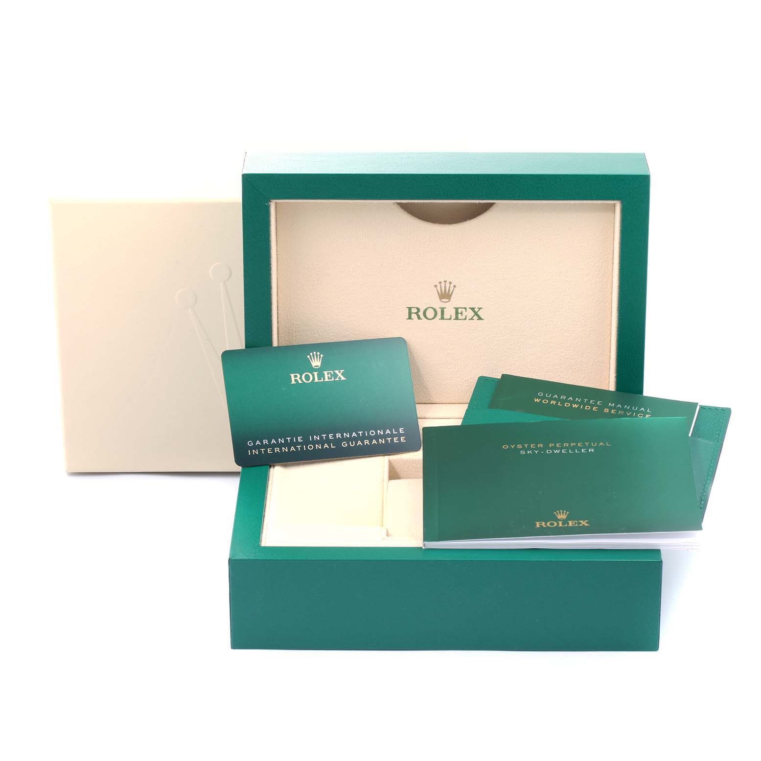 The image shows a Rolex Sky-Dweller 326933 Men's Steel and Gold (two tone) White Dial 326933 Men's Steel and Gold (two tone) White Dial box, guarantee card, and user manuals from a front angle.