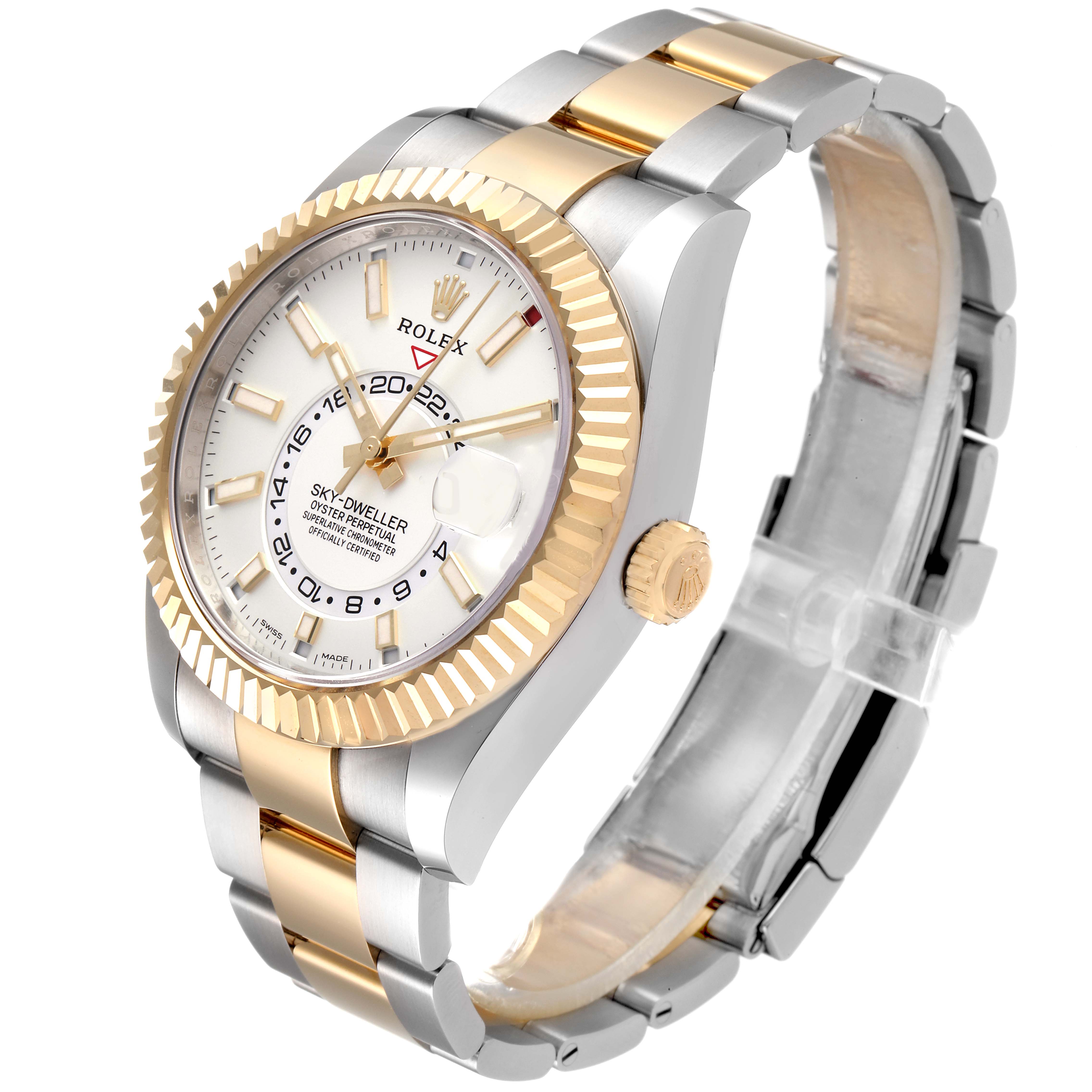 The Rolex Sky-Dweller 326933 Men's Steel and Gold (two tone) White Dial 326933 Men's Steel and Gold (two tone) White Dial watch is shown at a three-quarter angle featuring the dial, bezel, crown, and bracelet.
