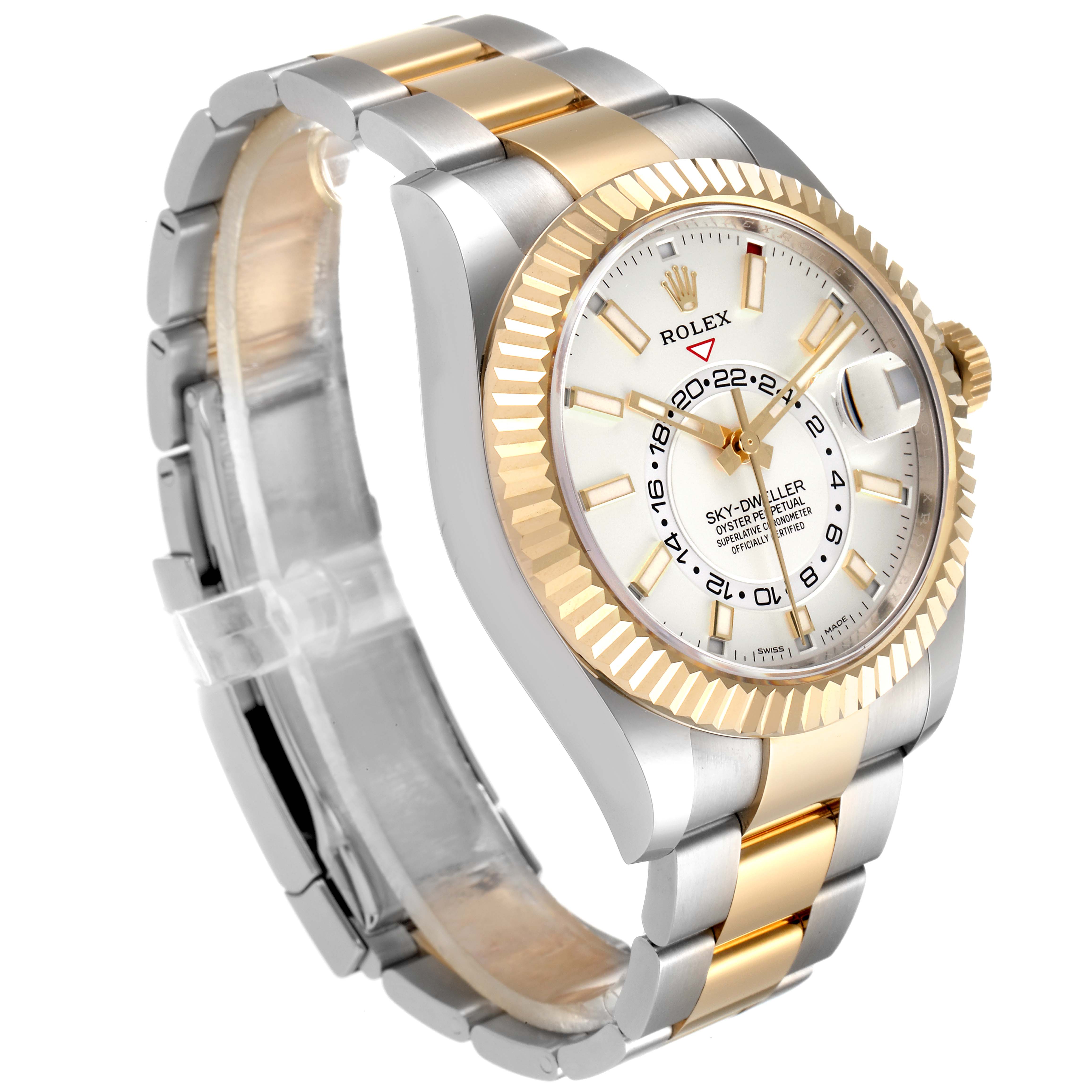 The image shows a side angle of the Rolex Sky-Dweller 326933 Men's Steel and Gold (two tone) White Dial 326933 Men's Steel and Gold (two tone) White Dial, highlighting its two-tone bracelet, crown, and fluted bezel.