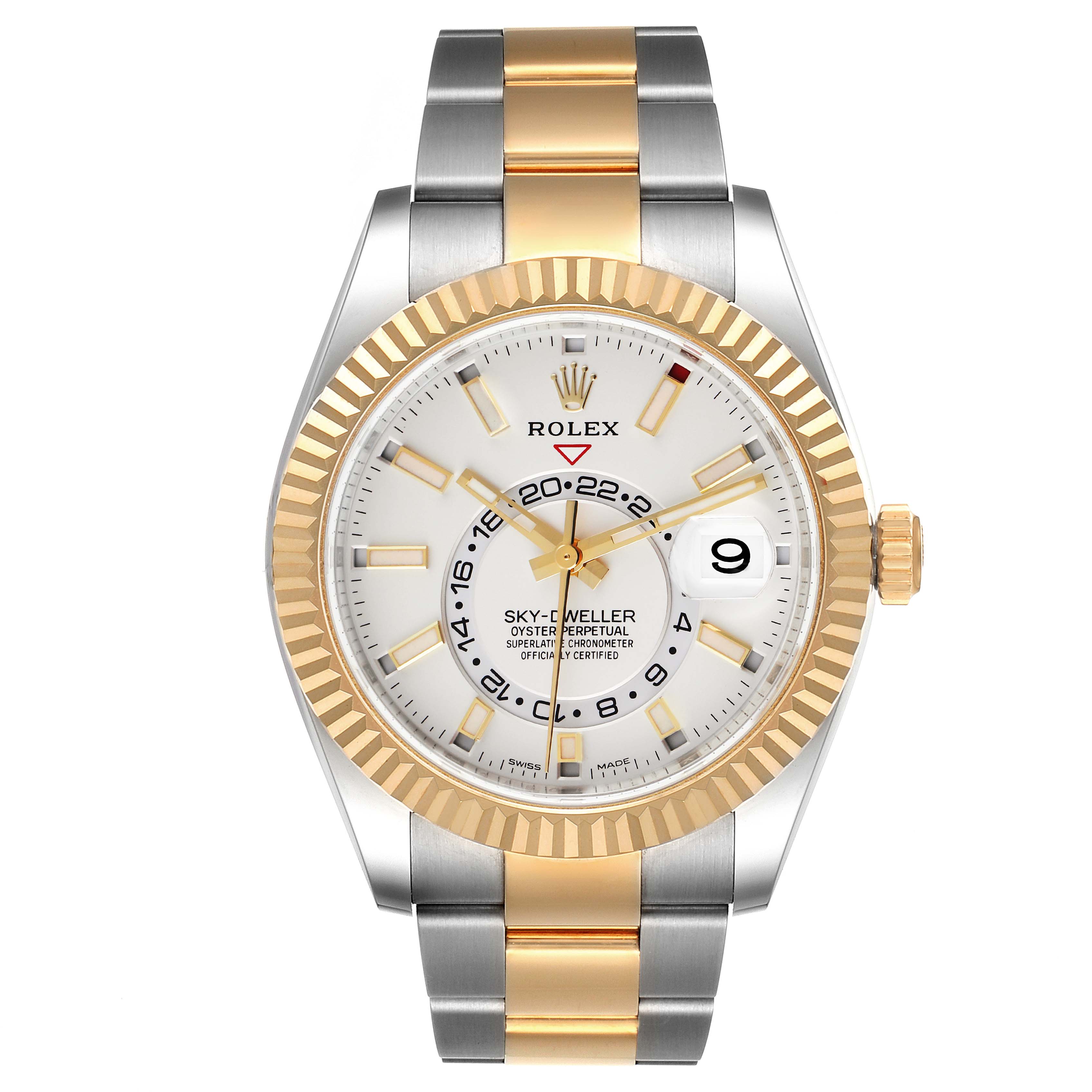The image shows a front view of the Rolex Sky-Dweller 326933 Men's Steel and Gold (two tone) White Dial 326933 Men's Steel and Gold (two tone) White Dial watch, featuring a two-tone bracelet and a white dial with a fluted bezel.
