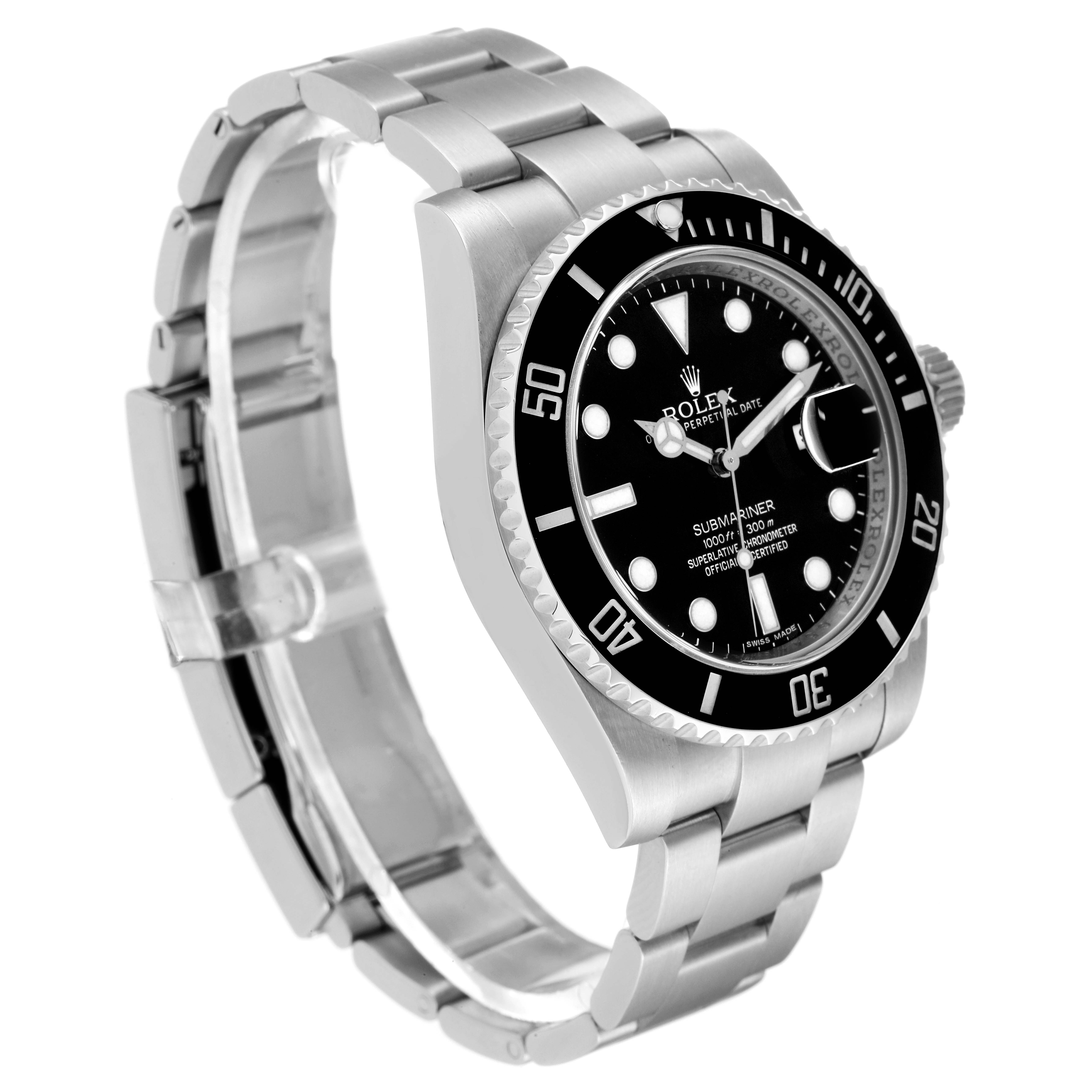 The image shows a side angle of the Rolex Submariner 116610 Men
s Stainless Steel Black Dial 116610 Men
s Stainless Steel Black Dial watch, highlighting the face, bezel, and bracelet.
