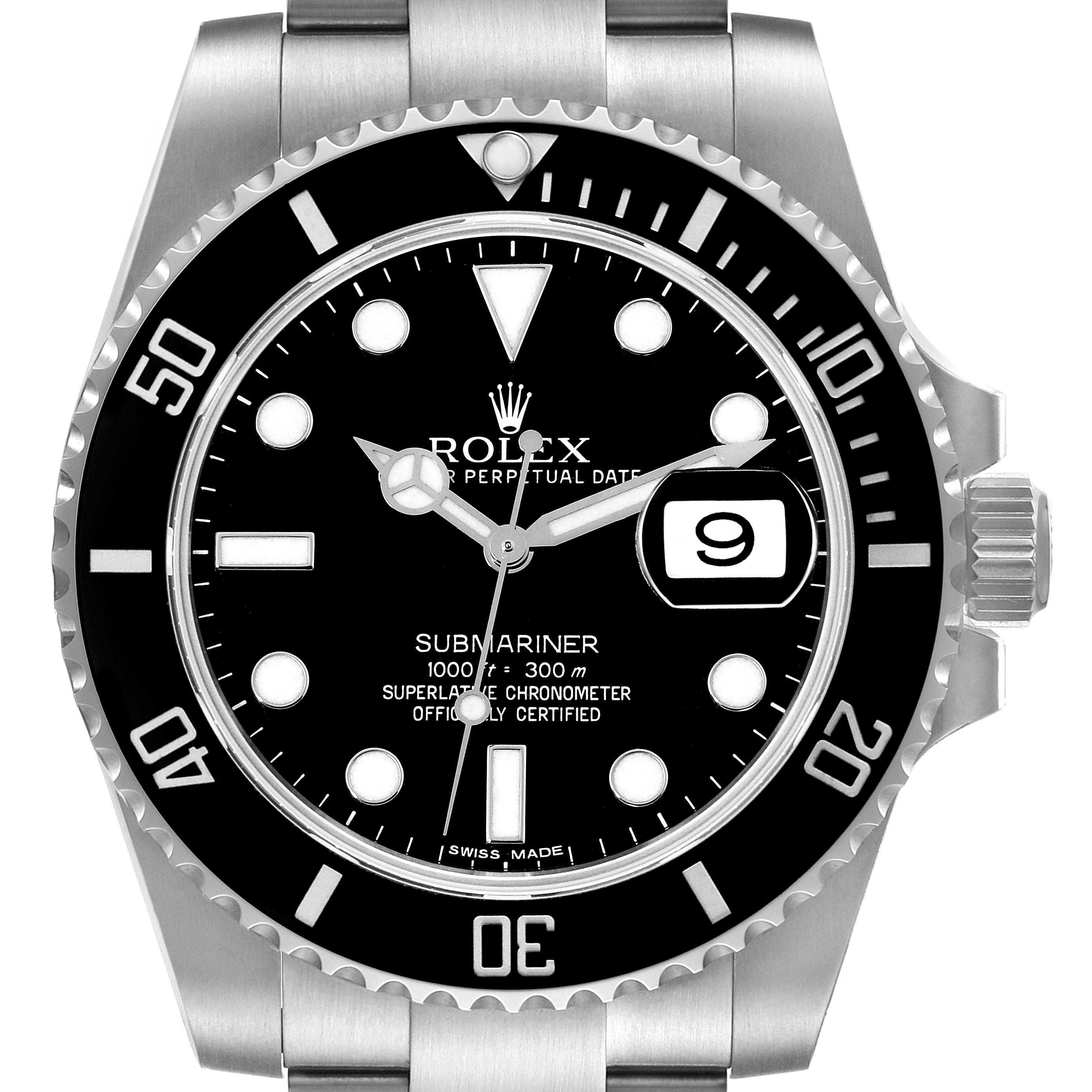 The image shows a frontal view of the Rolex Submariner 116610 Men
s Stainless Steel Black Dial 116610 Men
s Stainless Steel Black Dial watch, highlighting its black dial, bezel, and date display.