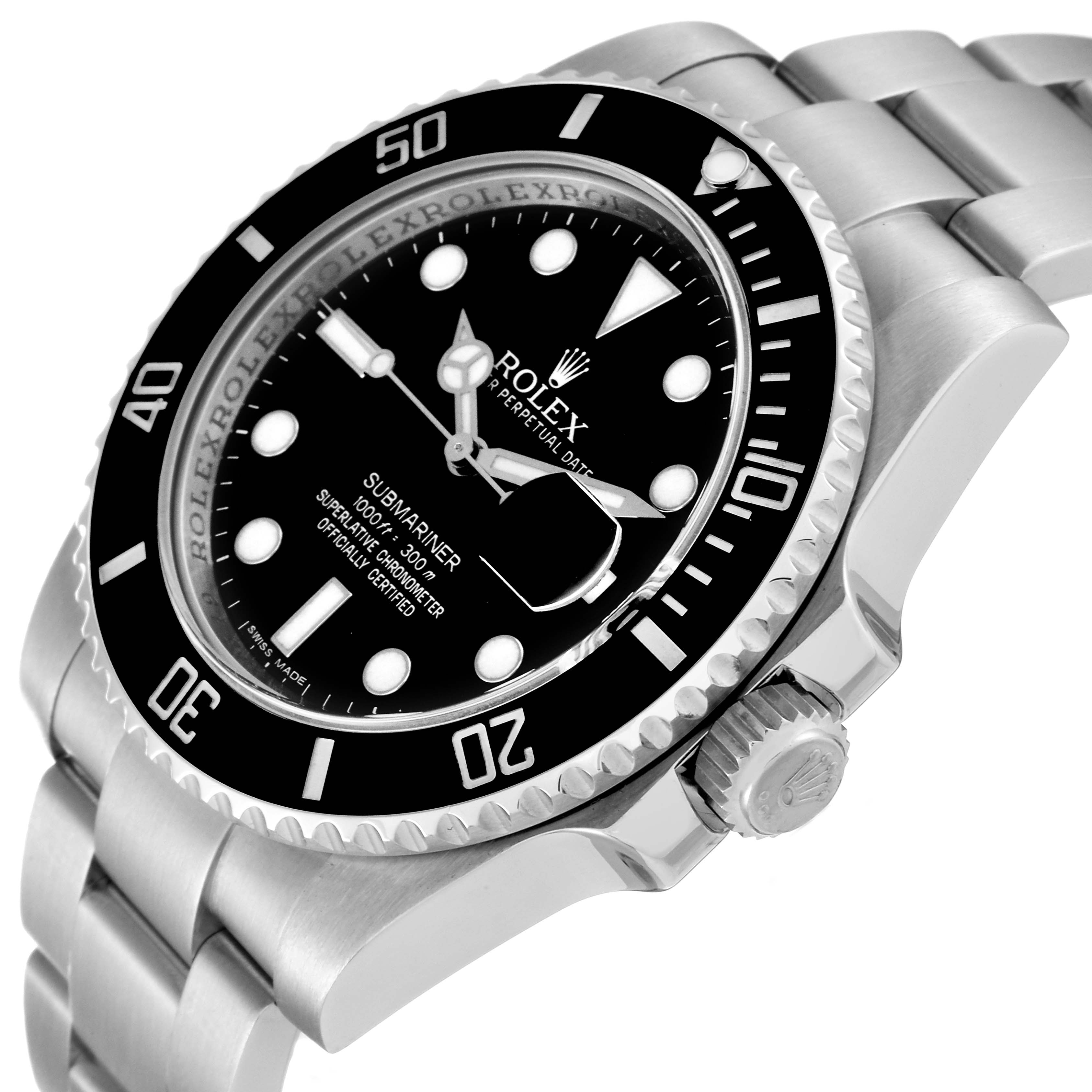 This image shows a side angle of a Rolex Submariner 116610 Men
s Stainless Steel Black Dial 116610 Men
s Stainless Steel Black Dial watch, highlighting the face, bezel, crown, and bracelet.