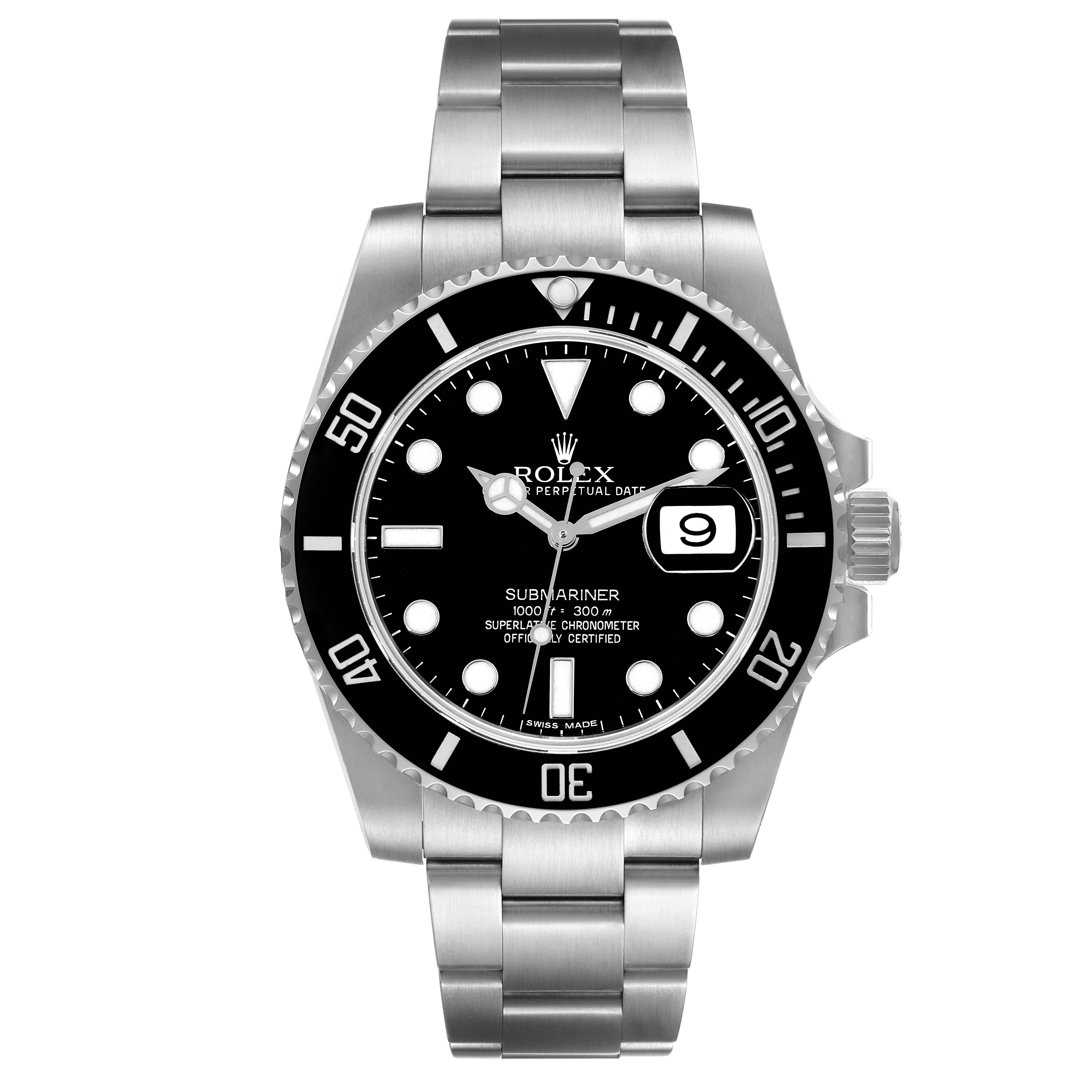 This is a front view of the Rolex Submariner 116610 Men
s Stainless Steel Black Dial 116610 Men
s Stainless Steel Black Dial watch, showcasing the dial, bezel, crown, and bracelet.