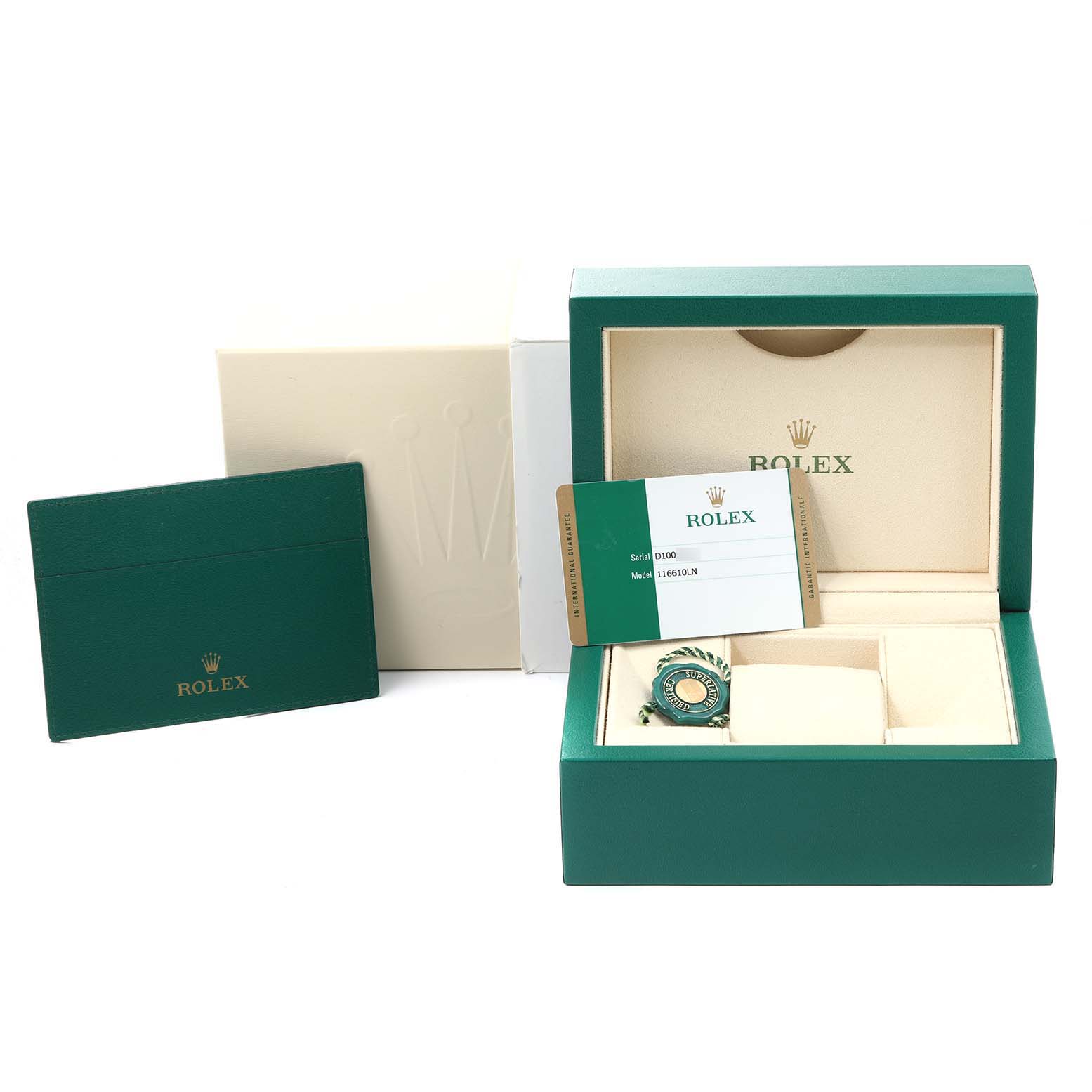 The image shows a Rolex Submariner 116610LN Men
s Stainless Steel Black Dial 116610LN Men
s Stainless Steel Black Dial watch box, warranty card, and accessories from a slight front angle.