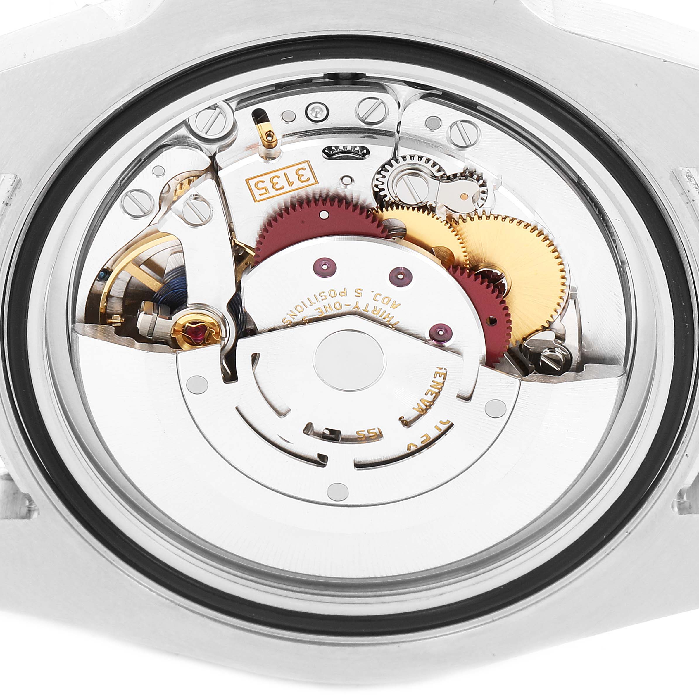 The image shows the internal mechanics of the Rolex Submariner 116610LN Men
s Stainless Steel Black Dial 116610LN Men
s Stainless Steel Black Dial watch from a back angle, highlighting its gears and movement components.
